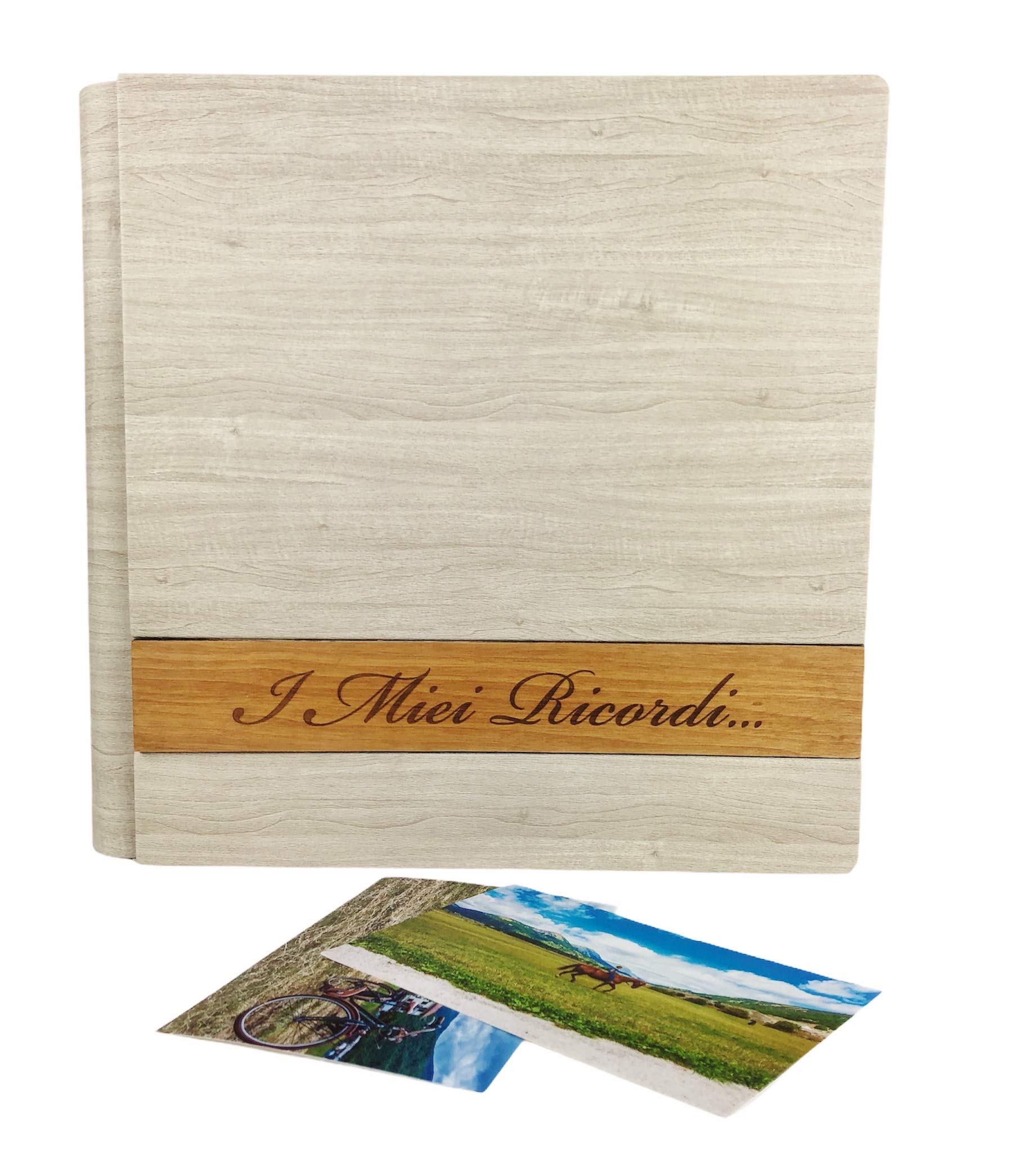 TriVin Art, Álbum de Fotos en Polipiel, con Aplicación de Madera Personalizable con Grabado. Ideal para Bautismo, Boda, Comunión y foto recuerdo.