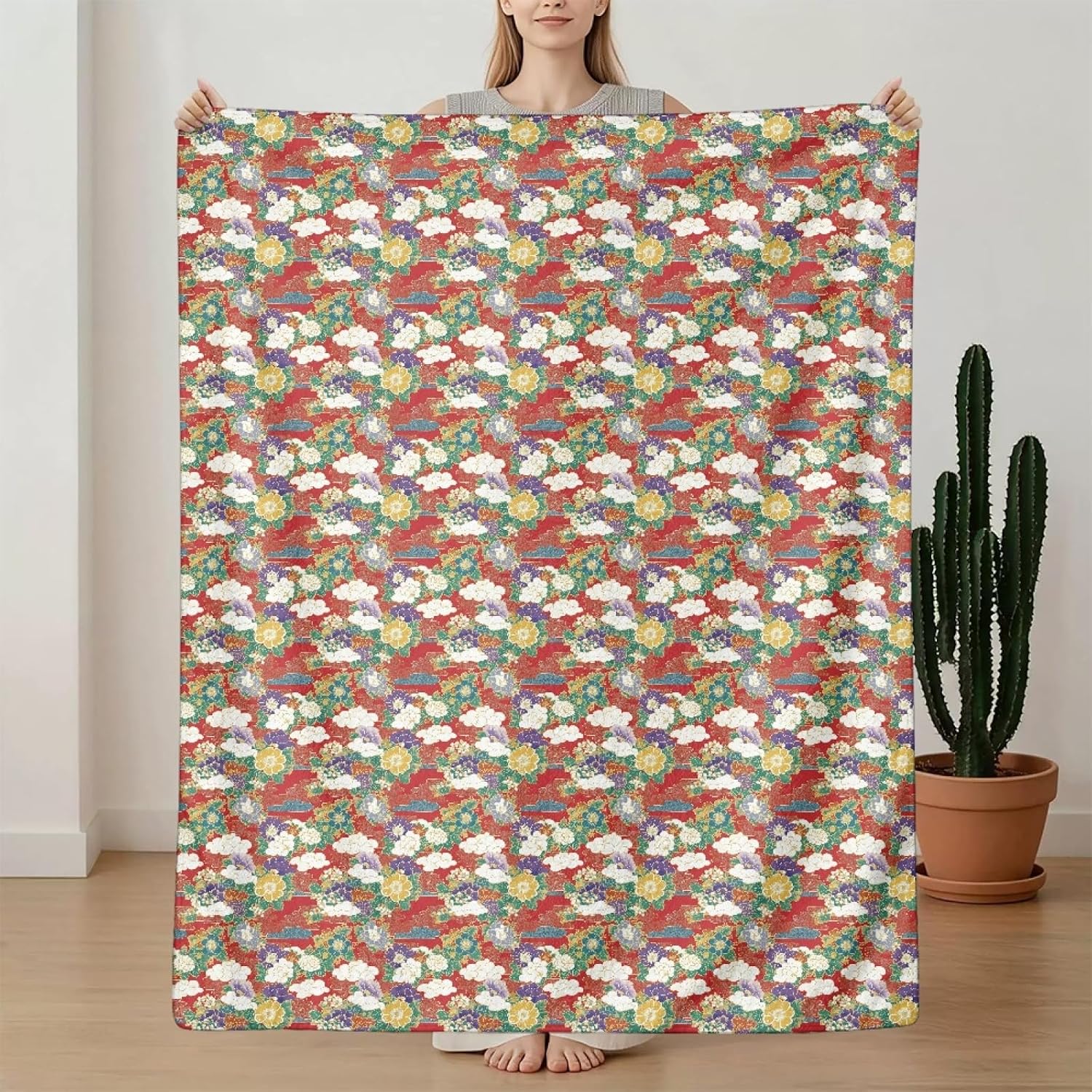 Japanese Floral Print Throw Blanket Home Sofa Decor Red 40"x50"