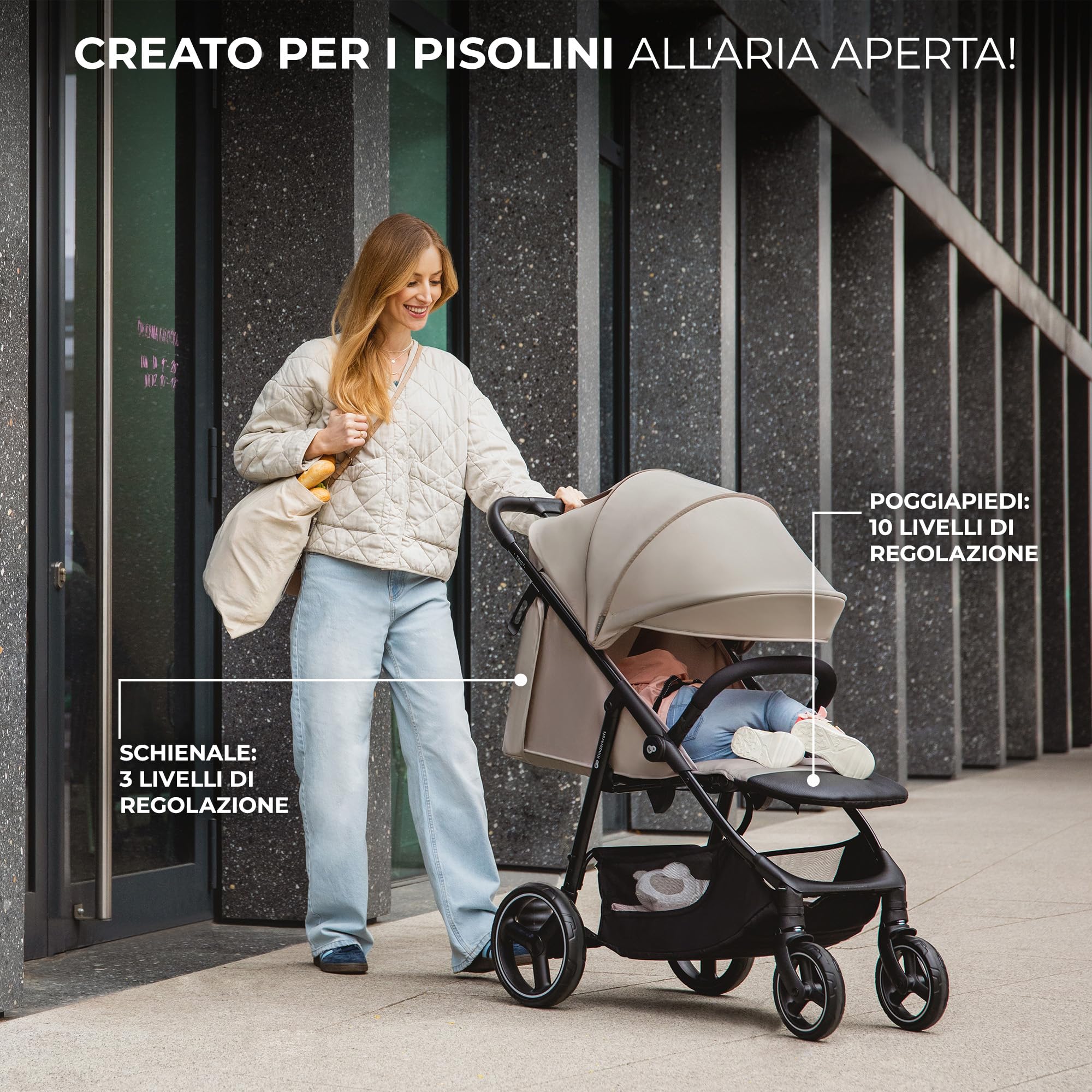 Kinderkraft TRIG 3 Passeggino Leggero, Pieghevole, Posizione Distesa, Posizione Reclinata, Sospensione 4 Ruote, Cinture di sicurezza a 5 punti, Bambini, Fino a 22 kg, Beige
