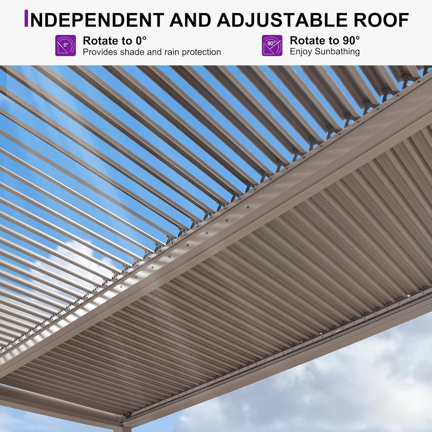 Close-up of the pergola's adjustable louvered roof mechanism