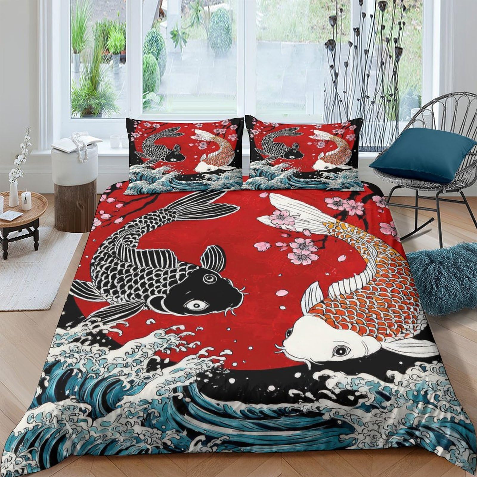 Ctjqhvkz Style-2 3D Printed Japanese Koi Fish Fitted Sheet Microfiber Soft Red Waves Mattress Cover For Bedroom Home Decor Single（135X200cm）