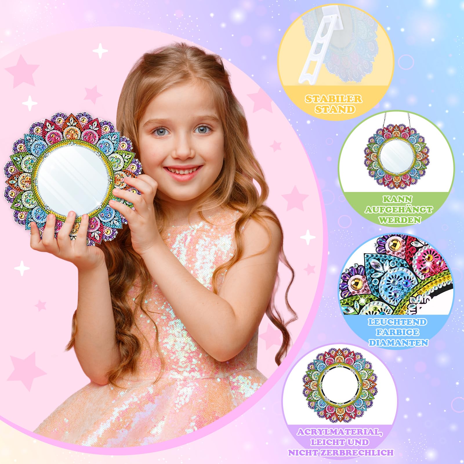 Kit Diamond Painting Miroir Mandala Pour Enfants – Cadeau Créatif Fille 5-12 Ans – Porte-clés Décoratif Avec Chaîne