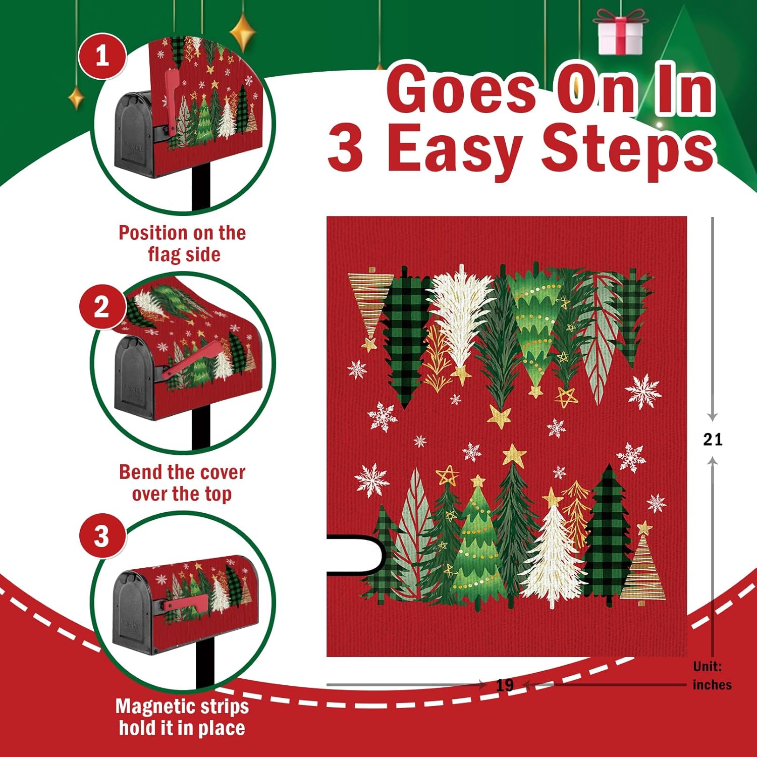 Christmas Tree Red Mailbox Cover Magnetic Standard Size 20.5" x 18", Xmas Pine Trees Decorative Post Letter Box Wrap Decor, Winter Holiday Snowflake Garden Yard Outdoor Decoration