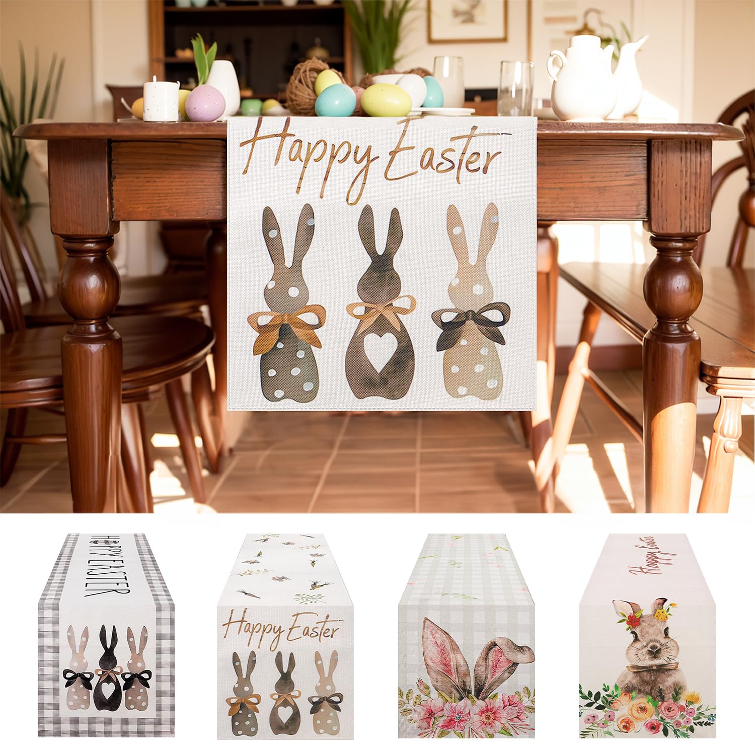 AofmeeEaster Table Runner, Carrots Rabbit Bunny Happy Easter Runner for Table, Spring Summer Seasonal Farmhouse Kitchen Dining Table Decorations for Indoor Outdoor Home Party Decor, Easy to Clean