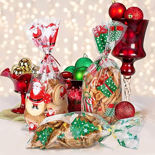 Miniatura 5 de Boao 150 bolsas de celofán de Navidad, bolsas transparentes de Navidad, bolsas de dulces con lazos giratorios para suministros de fiesta de Navidad