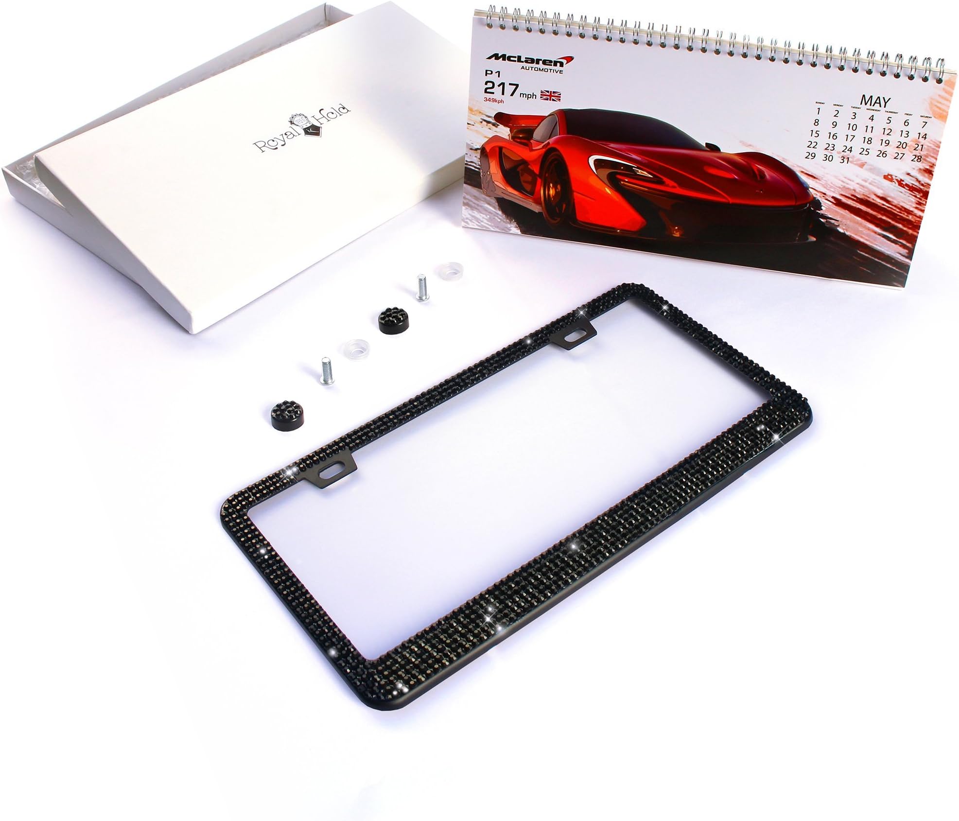 Black Diamond - Bling License Plate Frame by Royal Hold - Various Colors Available. Includes Screw & Cap Set. Rustproof Metal Frame.