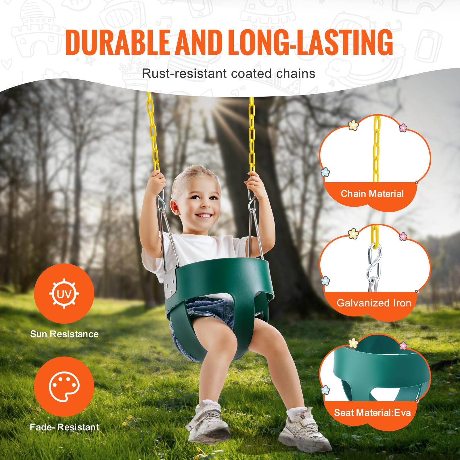 VEVOR Toddler Swing Seat, High Back Full Bucket Baby Swing Seat with Coated Chains and Carabiners, Support 150 lbs Baby Outdoor Swing, Fully Assembled Swing for Toddlers Age 3+, Indoor and Outdoor - Image 4