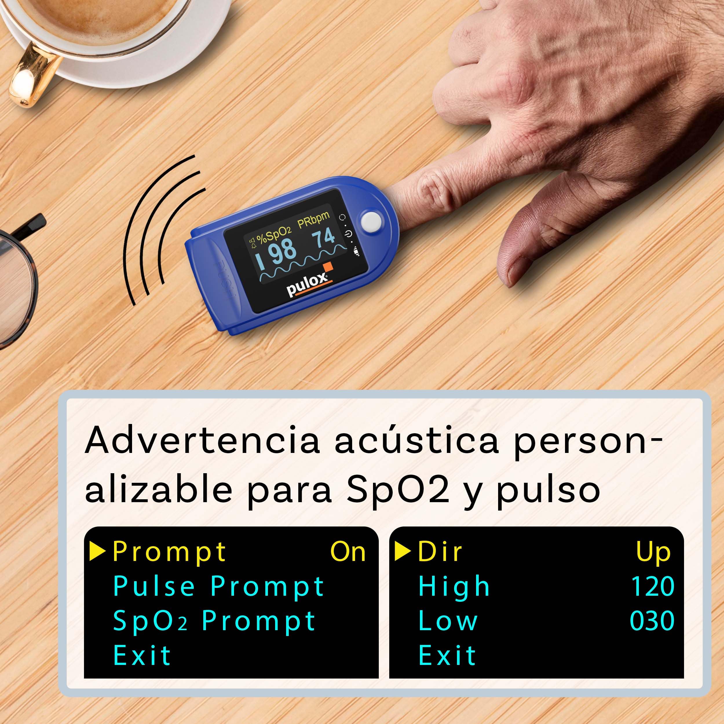 Pulsioxímetro Pulox PO-200A Solo en azul - Oxímetro con señal acústica para medir pulso, saturación de oxígeno y Índice de perfusión