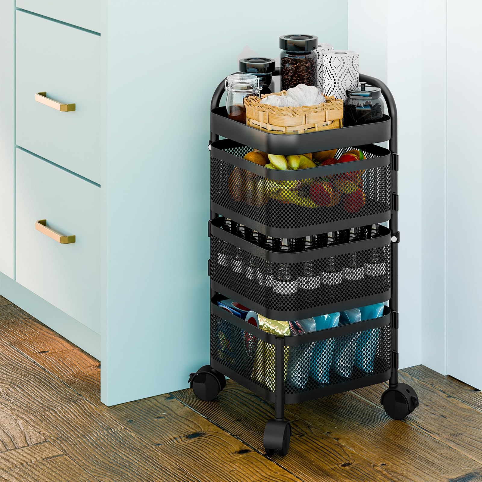 HOMCOM Resserre 4 paniers rotatifs sur Roues, Chariot de Rangement de Cuisine, Panier à légumes et Fruits avec Plateau supérieur, étagère en Fil d'acier, pour Cuisine, Salon et Chambre, Blanc HOMCOM Resserre 4 paniers rotatifs sur Roues, Chariot de Rangement de Cuisine, Panier à légumes et Fruits avec Plateau supérieur, étagère en Fil d'acier, pour Cuisine, Salon et Chambre, Blanc
