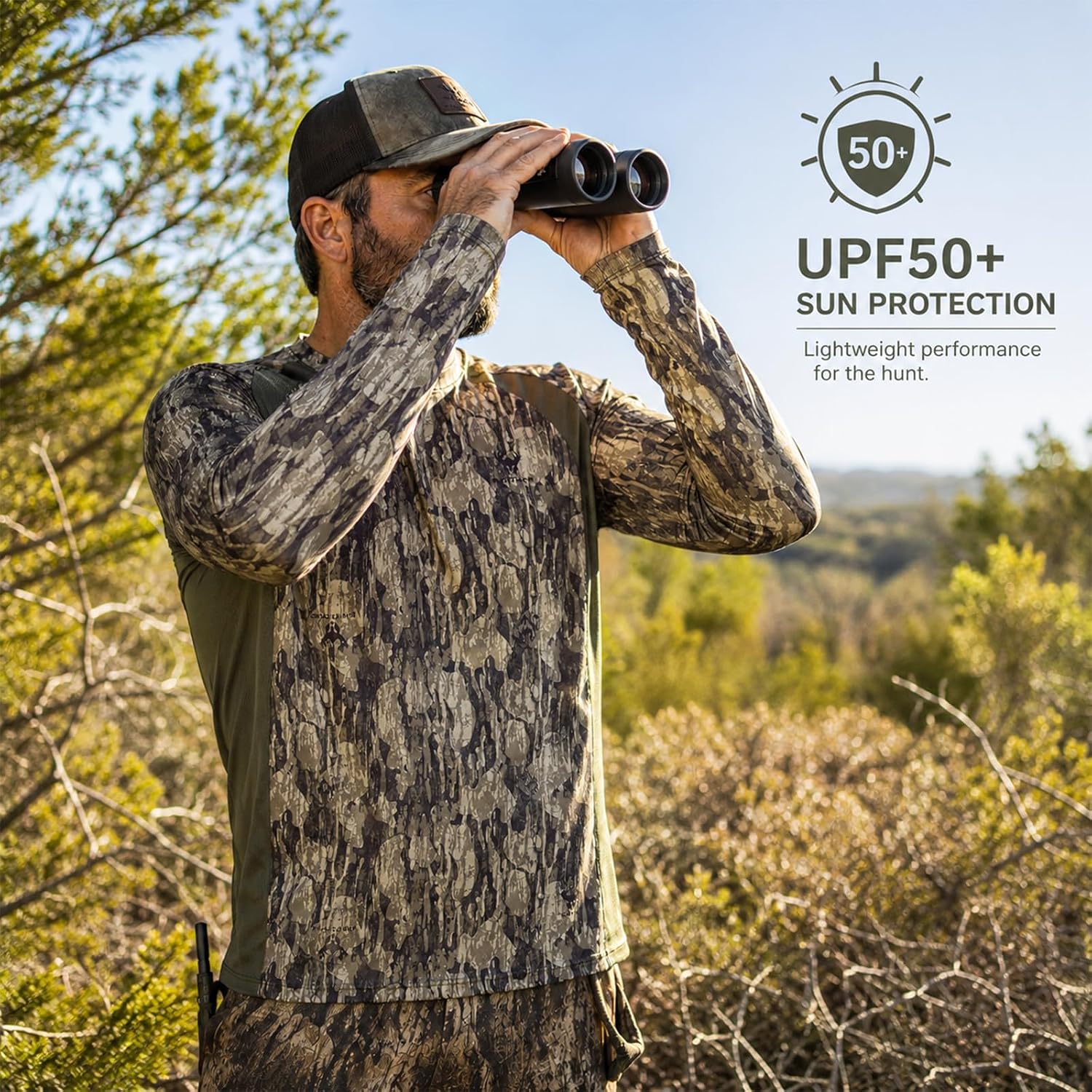 Men’s Camo Hunting Shirt UPF 50+ Sun Protection Lightweight Quick Dry Long Sleeve Camouflage Shirt Mesh Panels & Thumb Loops