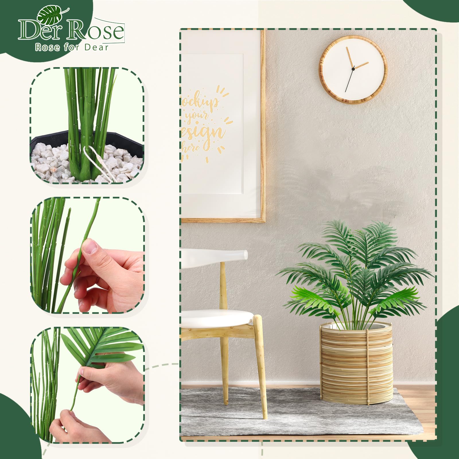 Der Rose Kunstpflanze Künstliche Palme 71cm Künstliche Pflanzen Kunstpflanzen Groß Fake Plant für Wohnzimmer Balkon Flur Boho Deko Außen