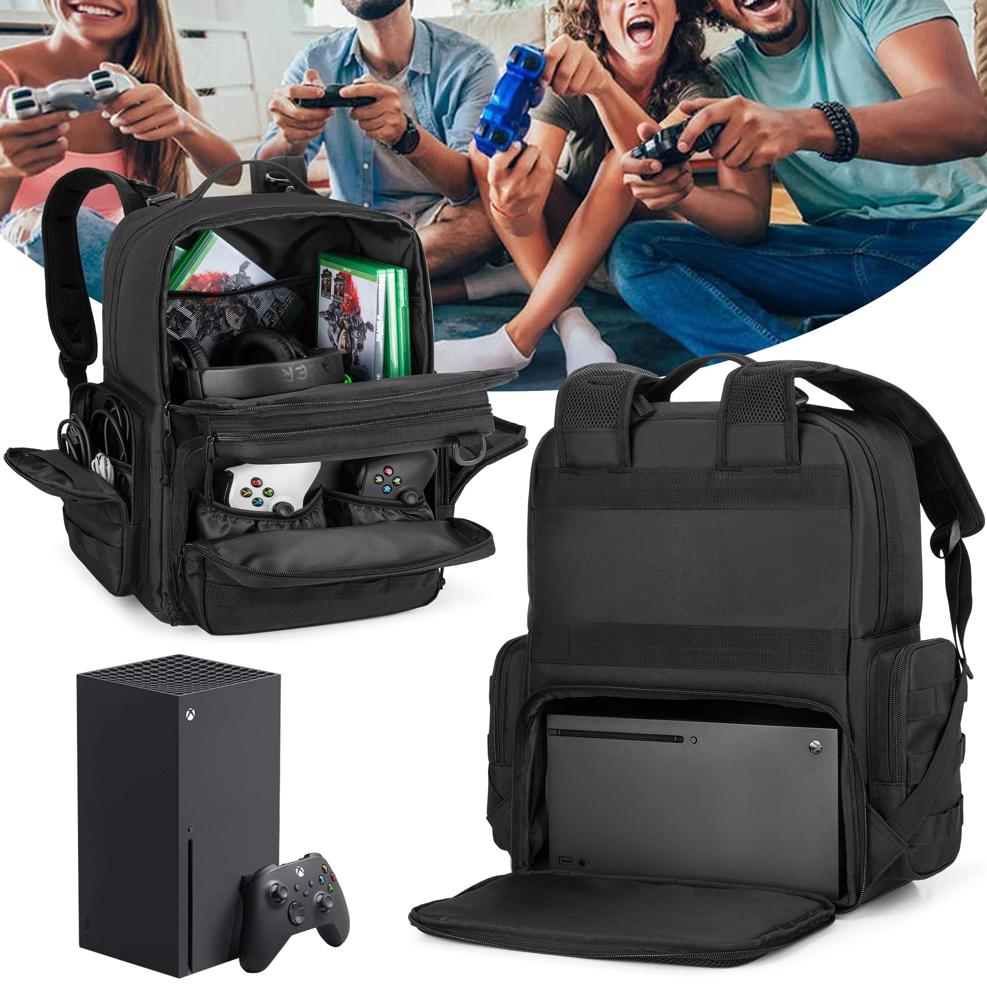 PGmoon Mochila táctica de viaje compatible con consola Xbox Series X/S con espacio individual para consola, muchos bolsillos para controladores, auriculares y más (diseño patentado), Negro -, Mochila