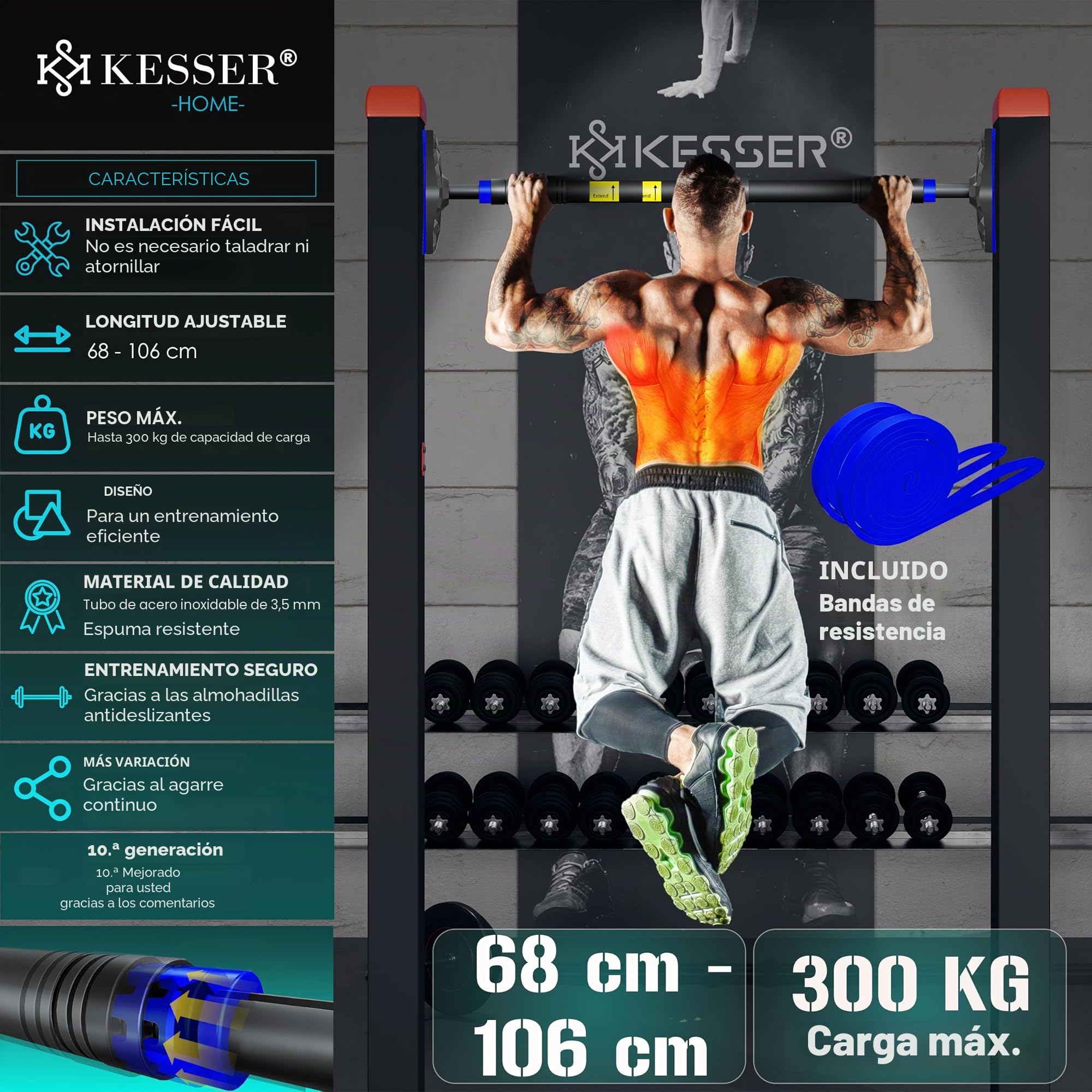 KESSER® Barra de dominadas Regulable en el marco de la Puerta, sin tornillos/taladros, extensible 68-106 cm, hasta 300 kg, asas Antideslizantes, incl. Bandas de Resistencia