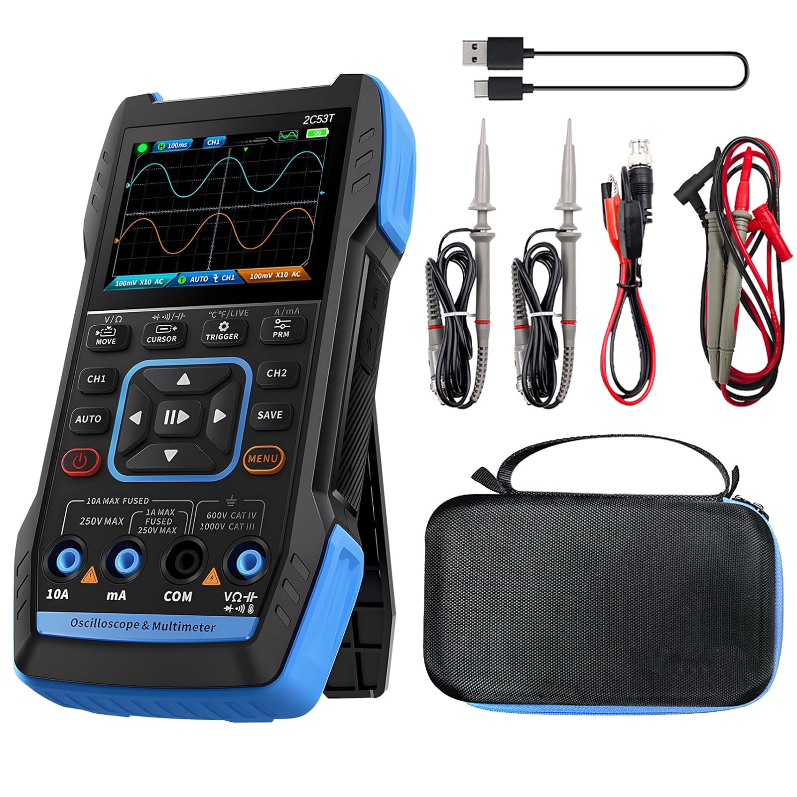 3-IN-1 2C53T Aufgerüstetes Handheld Oscilloscope Multimeter mit 2 Kanälen, 50MHz Bandbreite & 250MS/s Abtastrate, TRMS 19999 Counts Signalgenerator, 13 Wellenformen für Automotive/AC/DC Spannungstest
