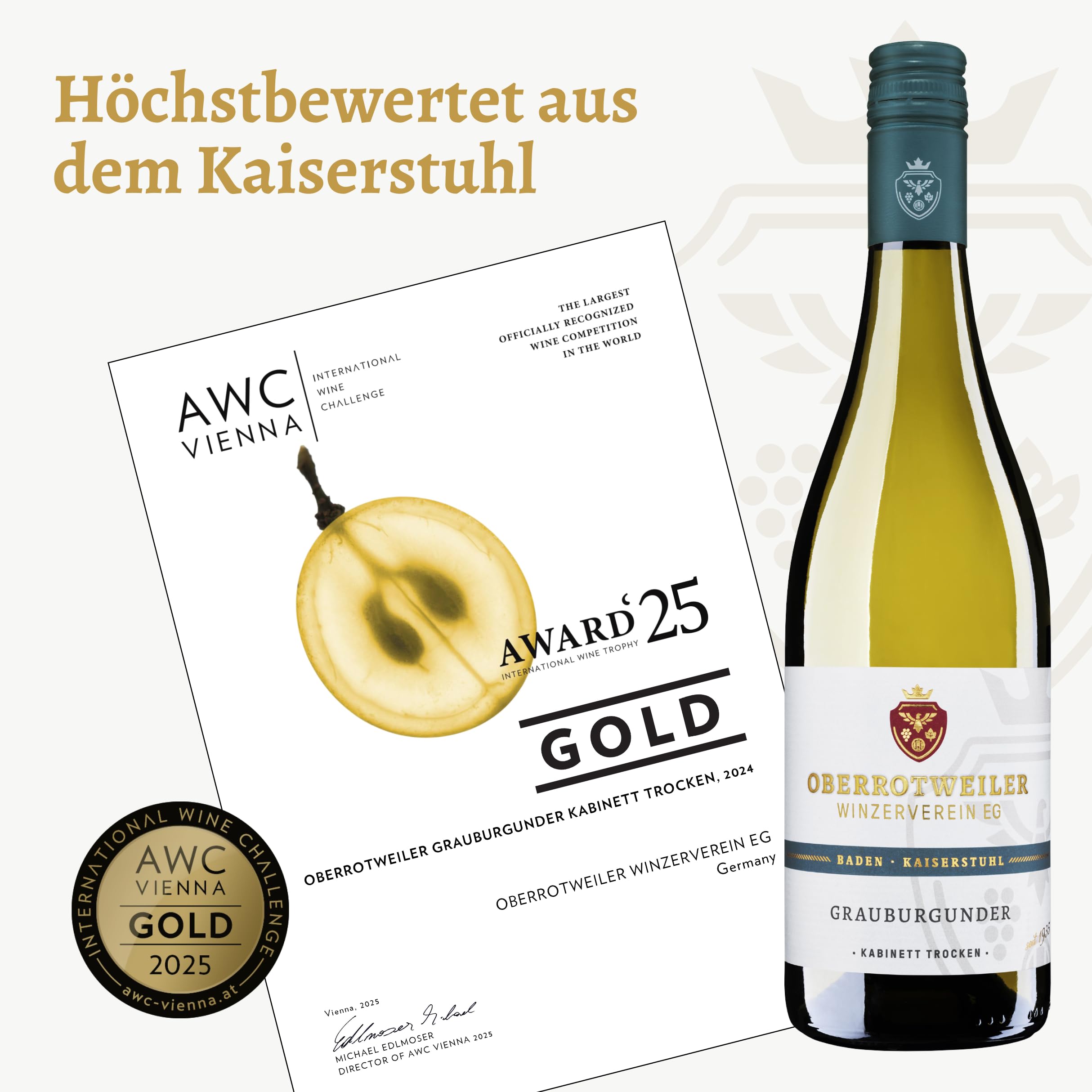 Oberrotweiler Grauburgunder Kabinett trocken – GOLD 2025 AWC Vienna – Weißwein fruchtig & frisch mit feiner Eleganz – Kaiserstuhl Baden (6 x 0,75 l)