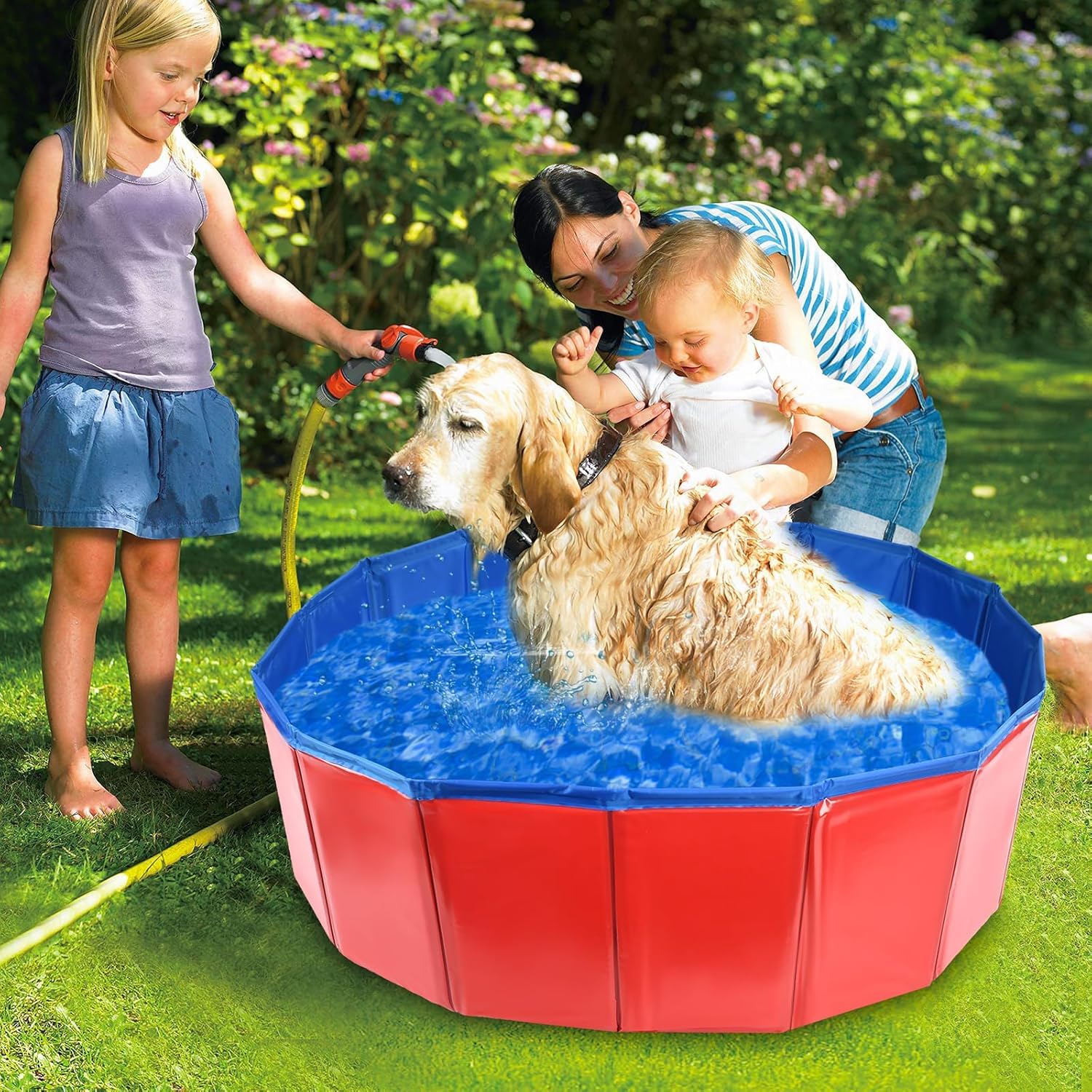 Piscina plegable para perros, piscina duradera de PVC para mascotas con lados duros, bañera portátil antideslizante para perros, gatos y niños, piscina de verano para jardín al aire libre con