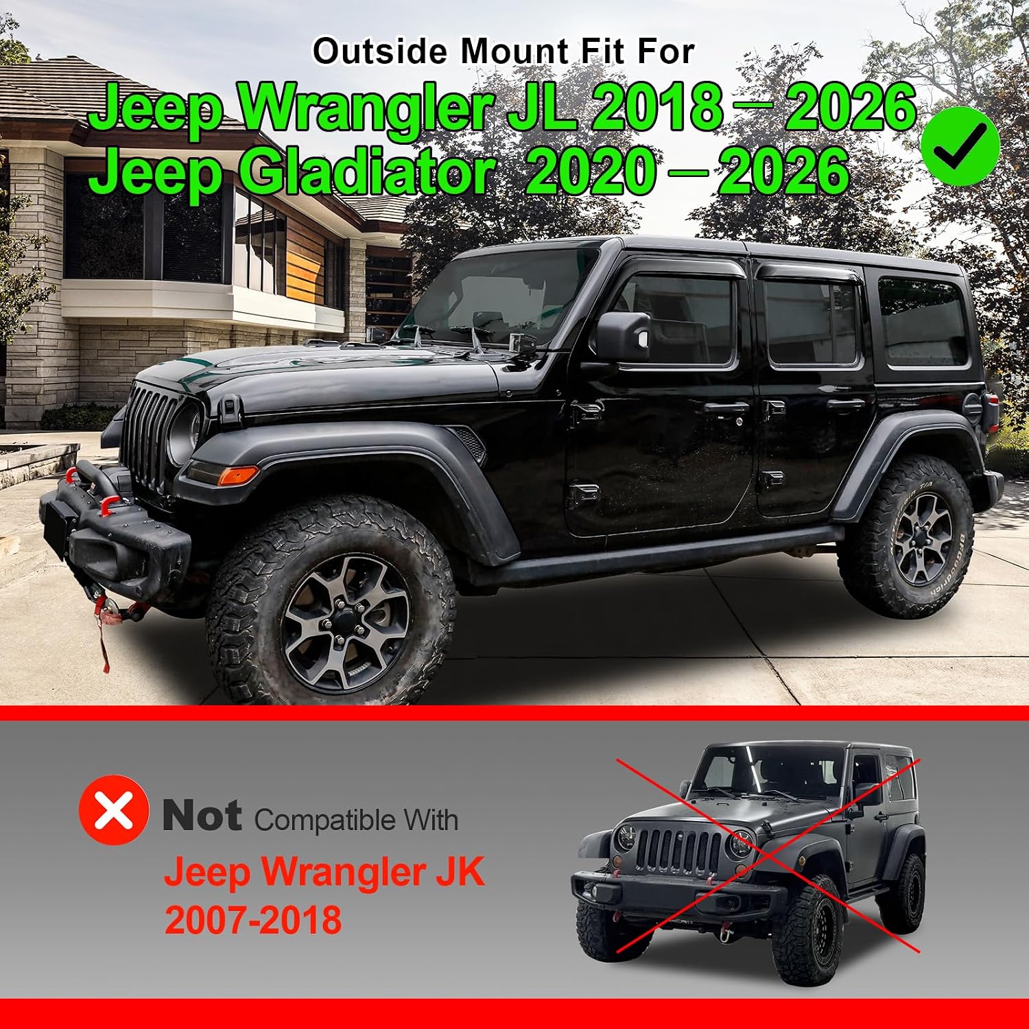 outside-mount window visors rain guards for jeep wrangler jl 2018-2026/jeep gladiator 2020-2026, full-size wind vent deflectors car accessories dark smoke 4-piece set with thicker medium?2020-2026 jeep wrangler jl/gladiator ?