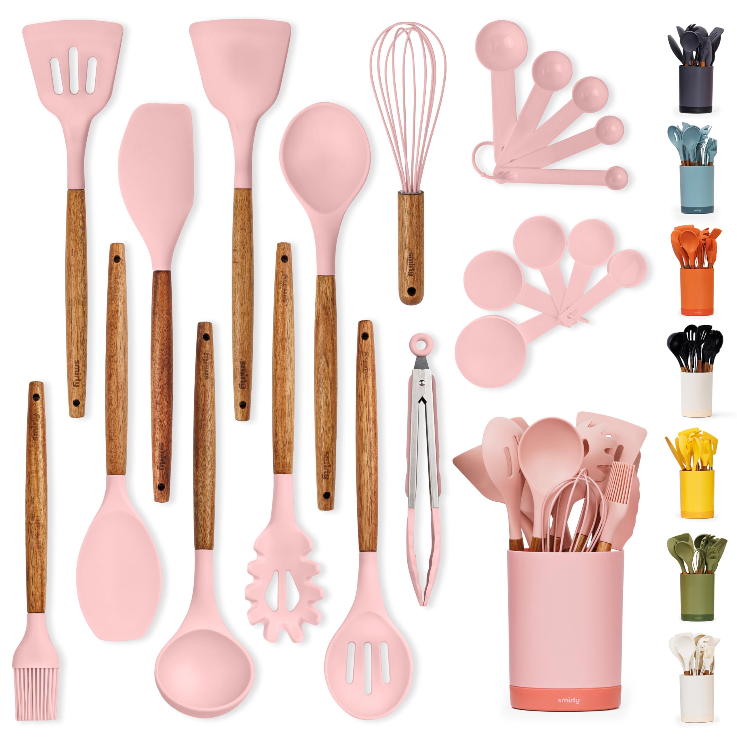 SMIRLYSilicone Kitchen Utensils Set & Holder: Silicone Cooking Utensils Set - Kitchen Essentials for New Home & 1st Apartment Kitchen Set - Silicone Spatula Set, Cooking Spoons for Nonstick Cookware