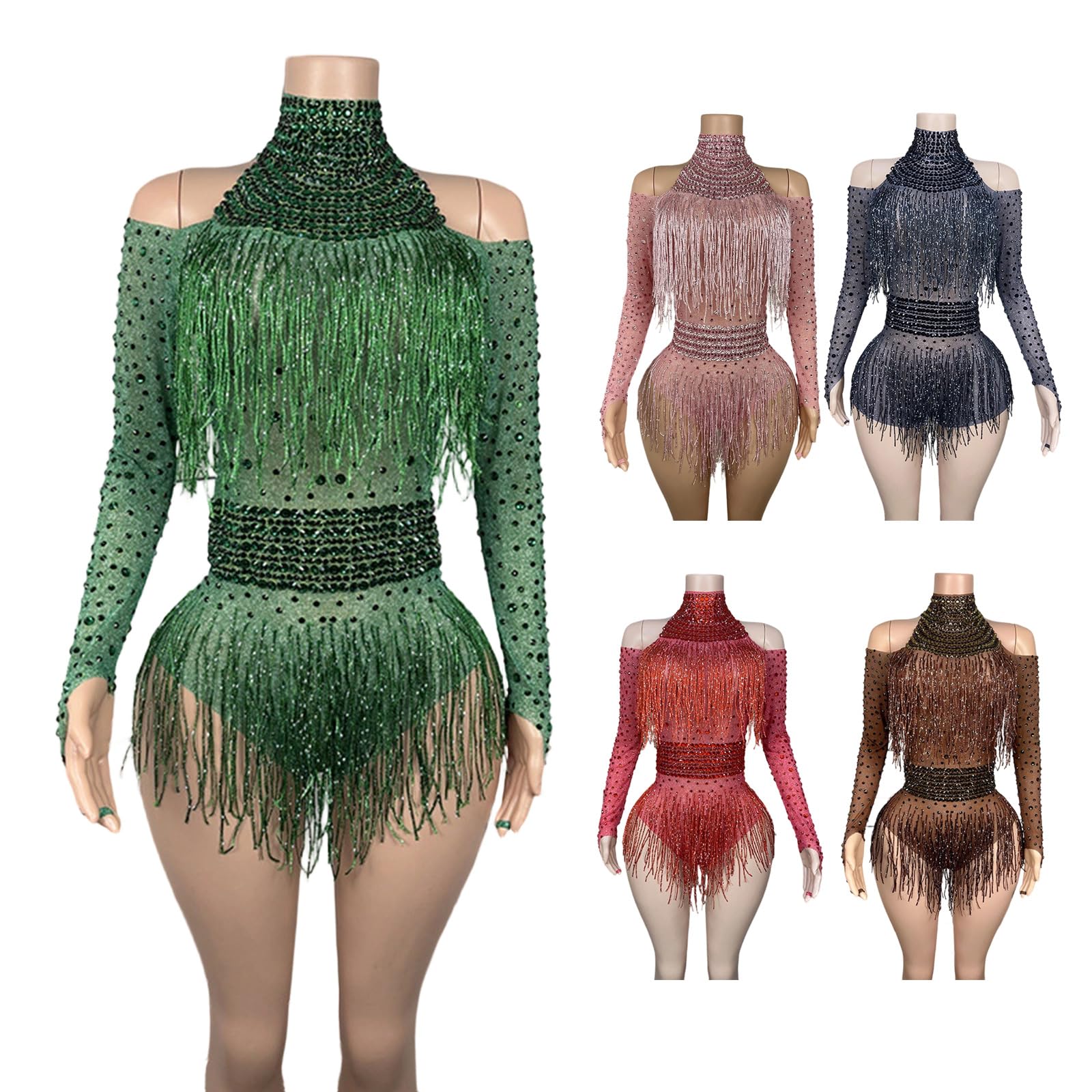 Body con flecos de diamantes de imitación para mujer, fiesta de cumpleaños, disfraz de noche, discoteca, baile, leotardo de manga larga con flecos brillantes para mujer