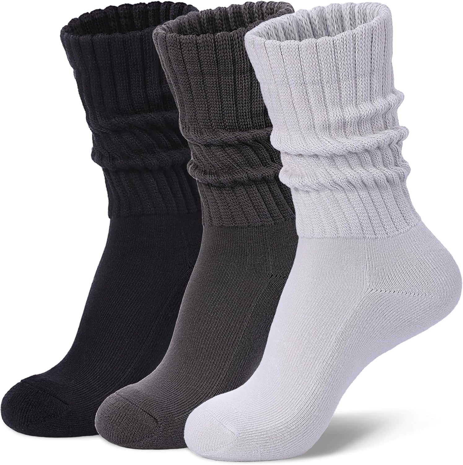 Womens Slouch Crew Socks Cozy Cotton Retro Ribbed Calf Scrunch Boot Socks for Casual Athletic 3 Pairs