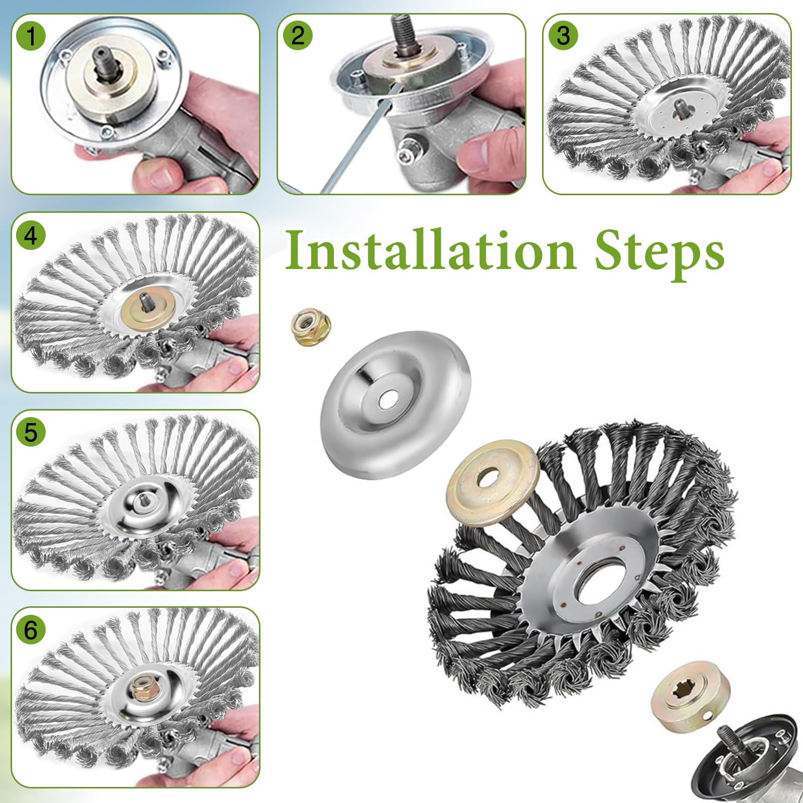2 Stück Unkrautbürste für Freischneider, Wildkrautbürste für Motorsense, Drahtbürste Freischneider, Edelstahl Bürste inkl Montagezubehör-Set, 25,4 mm Bohrung, Für Effektiven Moos- & Unkrautentfernung