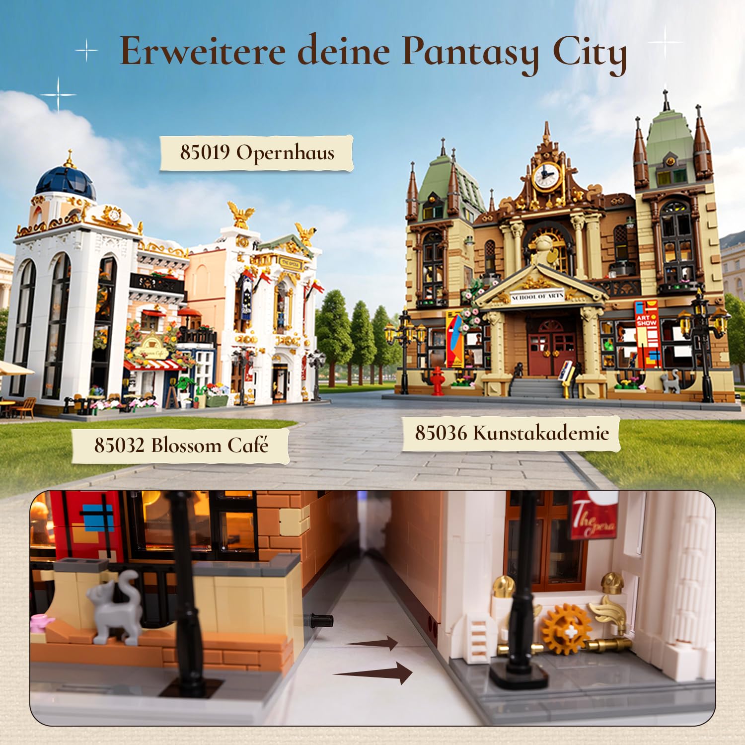 PANTASY Kunstakademie, modulares Klemmbausteine Set | 3-stöckige europäische Kunstschule mit detailreichen Ateliers und Innenräumen für modulare Straßenszenen