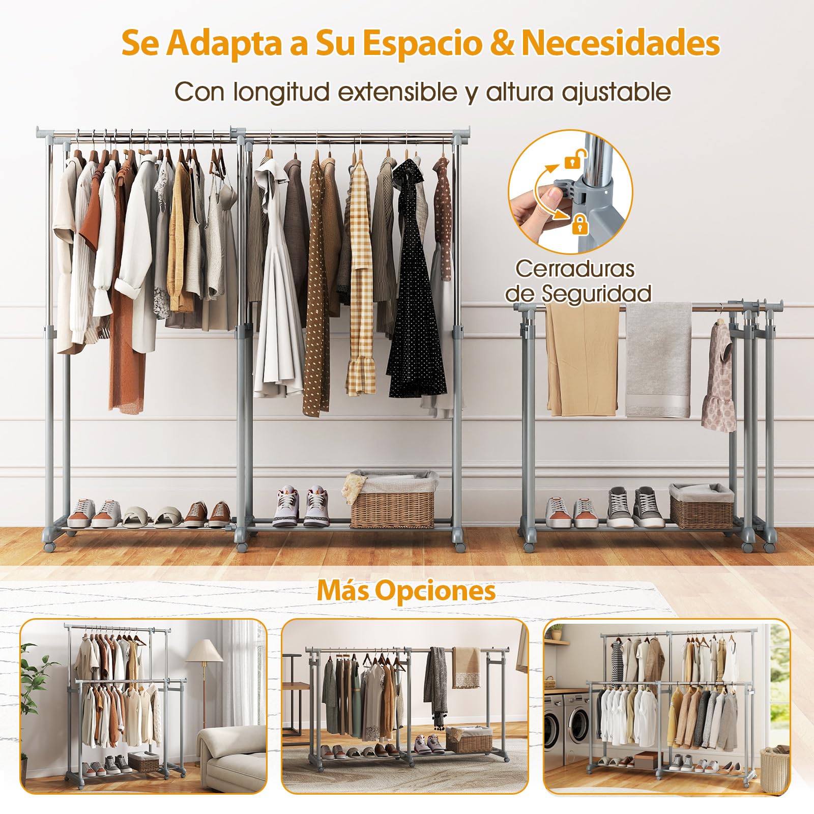 COSTWAY Burro Ropa con Ruedas, Perchero Burro de Doble Barra, Altura y Ancho Extensibles, Metálico, Perchero de Pie Lavandería Dormitorio Salon, 167.5 x 44 x 168,5 cm, Plata