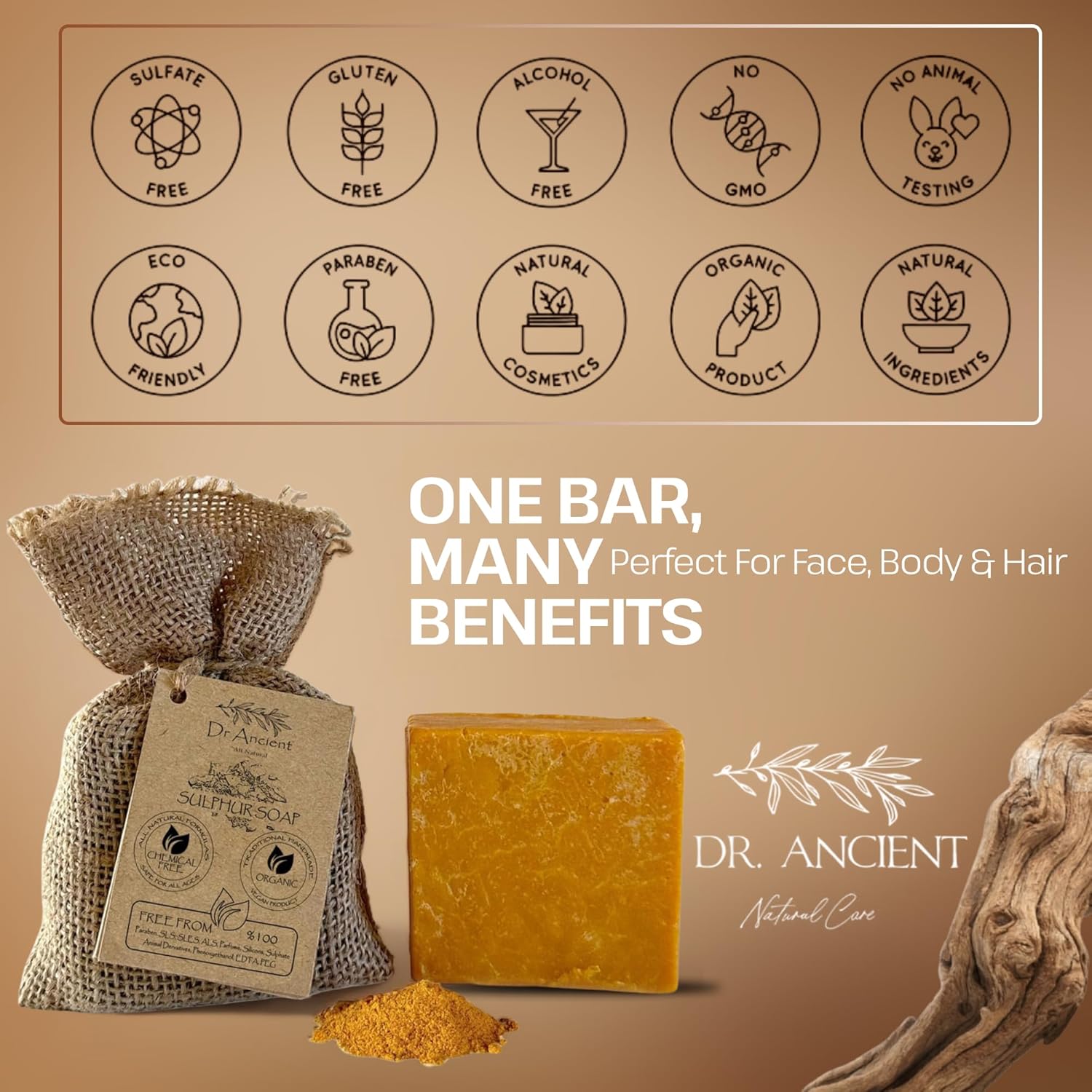 Dr.Ancient Sulfur Soap Bar, Organic Soap Bars Handcrafted the Traditional Way, Natural Chemical-Free, Vegan, Used for Face Wash, Body Wash, Daily Skincare Routine