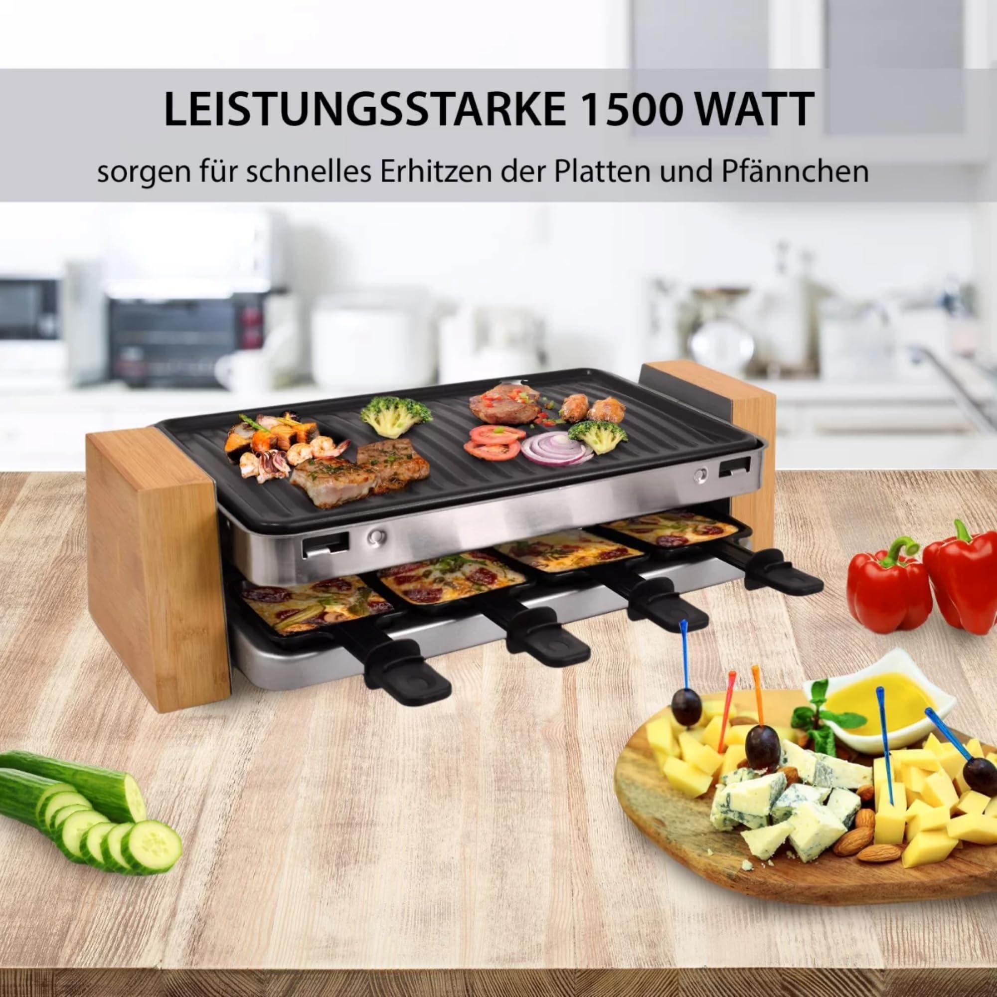 Syntrox Germany Raclette-Grill Set Lugaro, Tischgrill, 1500Watt für 8 Personen, Party-Raclette Set Lugano mit Wechselplatten, 10kg, Edelstahl, Multifunktional, Steaks, Fisch, gegrilltes Gemüse
