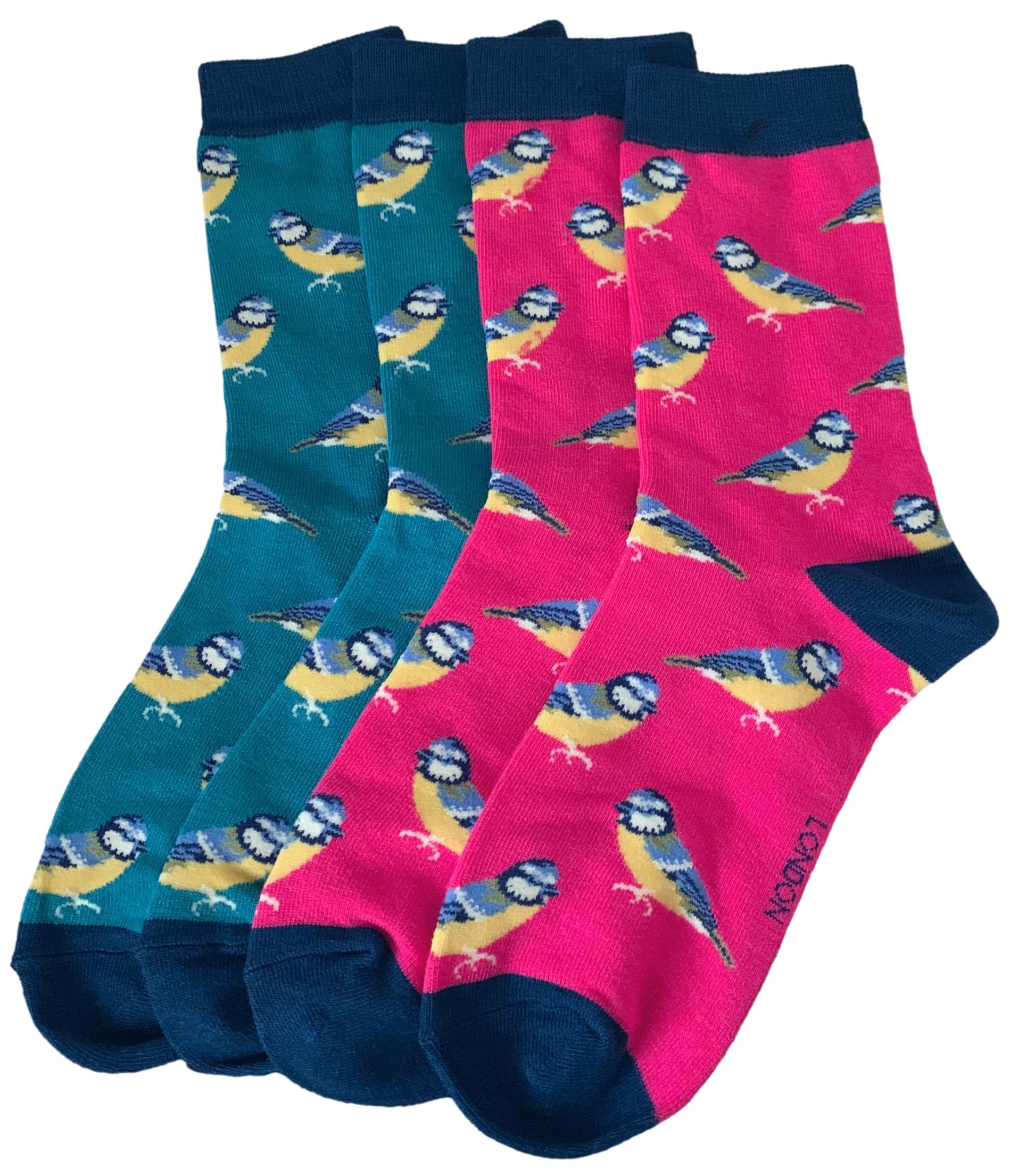 Purple Possum® Bird Socks Ladies Blue Tit Birds Bamboo Cotton Blend Shoe Size 3-7 Womens Novelty Socks (2 Pack Blue and Pink)