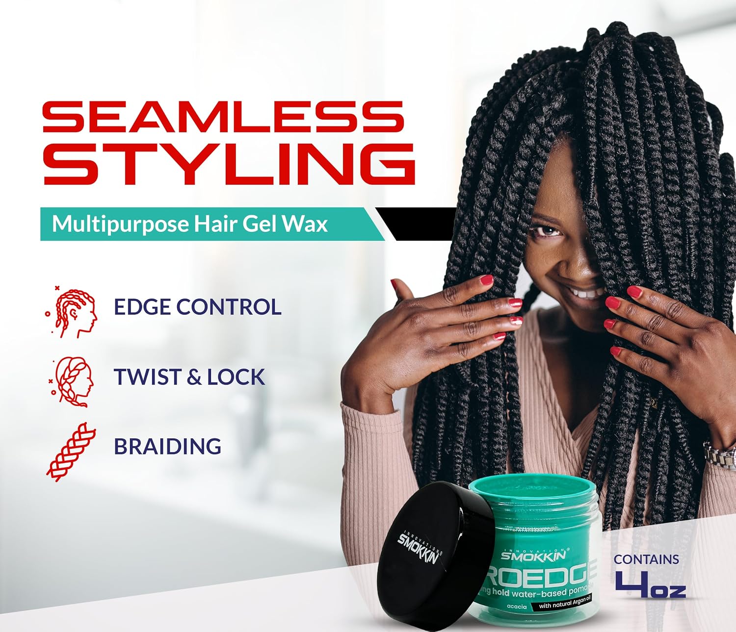 Smokkin Pro Edge Hair Styling Gel – Alcohol-Free, Water-Based Pomade with Strong Hold & Argan Oil – No Flakes, Edge Control, Twist & Braid Gel for Men & Women - 4 Fl oz - Acacia