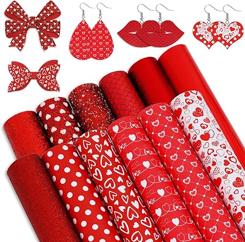 Whaline 12 hojas de cuero sintético de San Valentín de 12 x 8 pulgadas tela de cuero sintético con purpurina de corazón rojo surtido de tela de