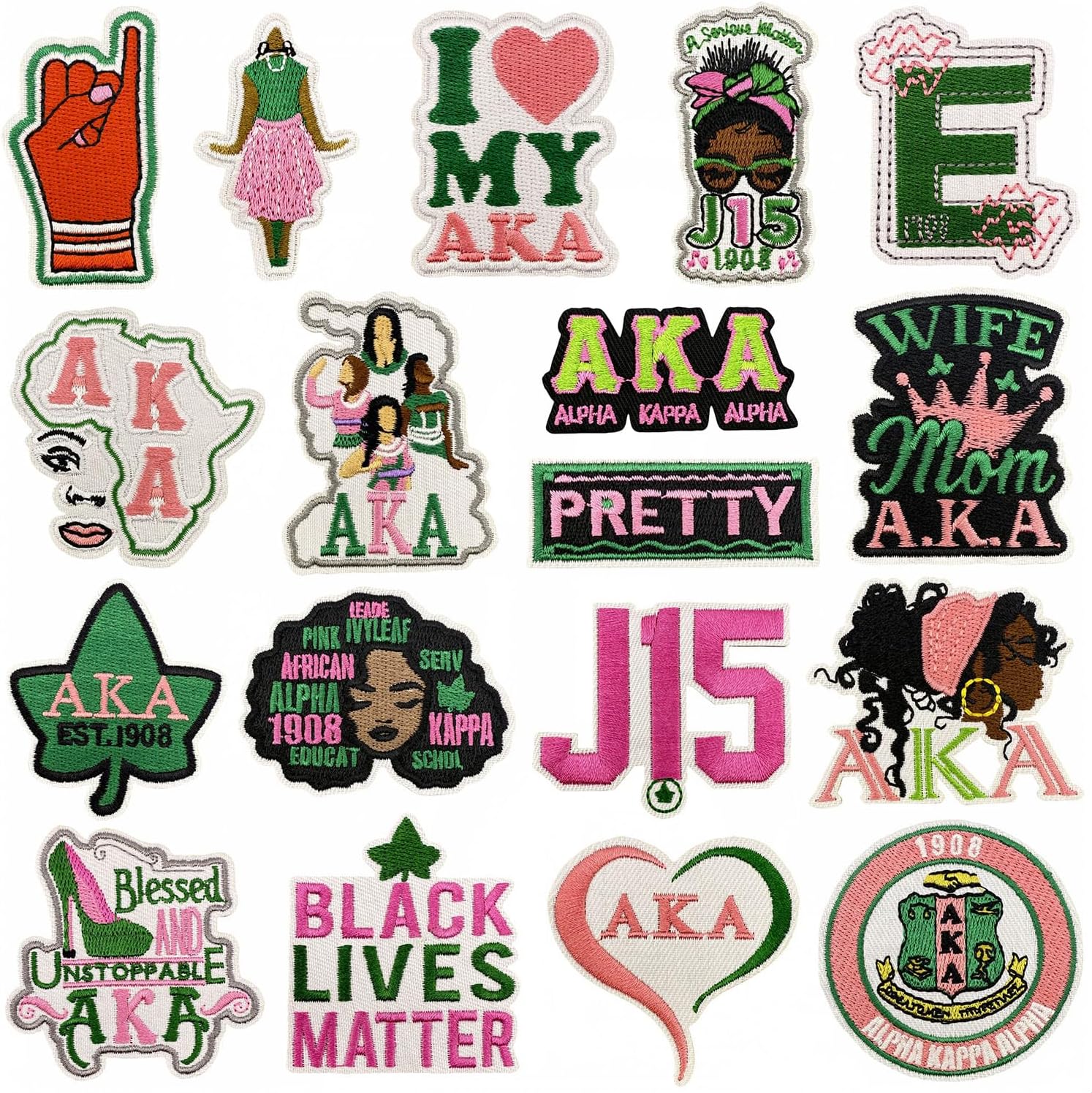 18PCS Alpha Kappaa Alpha Sorority Embroidered Patches - AKA Iron On/Sew on Patches for Clothing, Perfect Sorority Gifts and Appliques (Pink)
