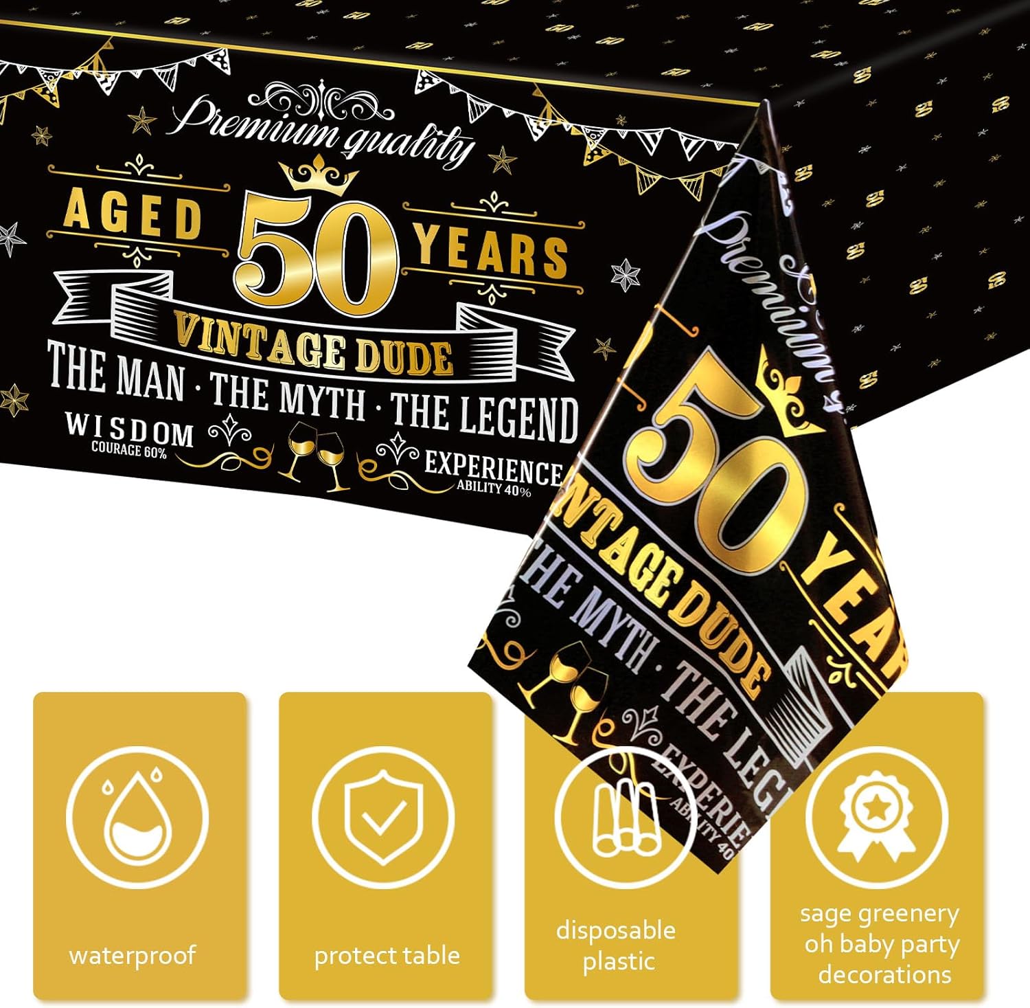 Vintage 50th Plastic Tablecloths - Black Gold Vintage Happy 50 Birthday Party Table Cloth - Cheers to 50 Years Party Decorations for Men - 12 Packs (12)