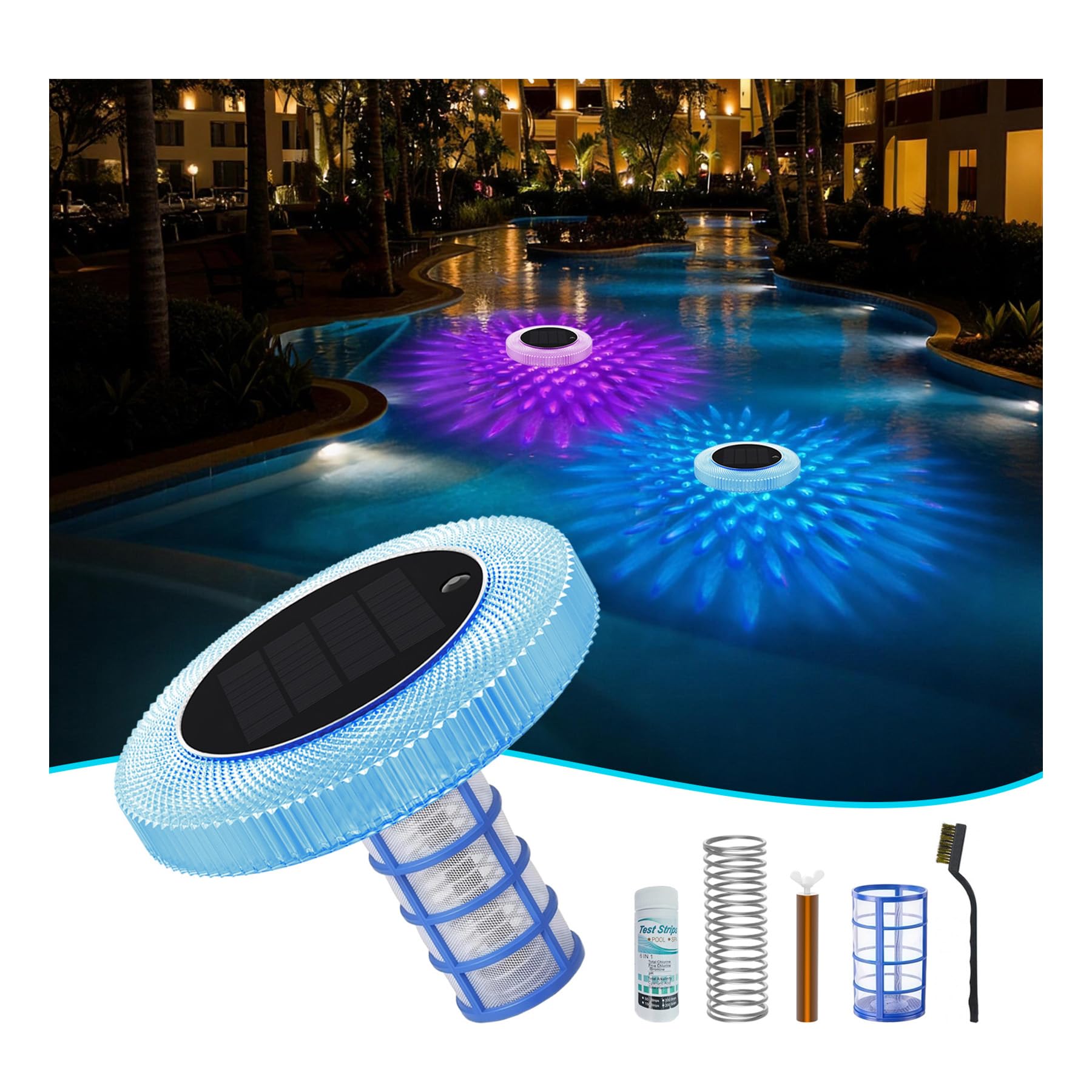 Ioniseur Solaire de Piscine Flottant en Cuivre avec Veilleuse LED Multicolore pour Marche/Arrêt Automatique, Accessoire de Piscine Réduit Le Chlore et Les Irritations de la Peau pour l'eau Douce