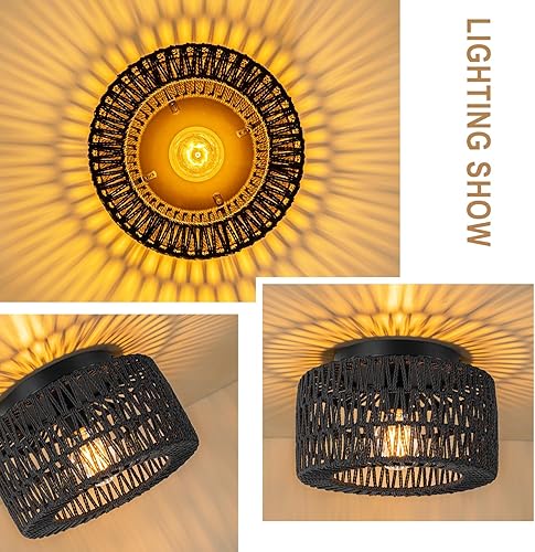 Miniatura 4 de Lámpara de techo de ratán (12 pulgadas, bombilla LED incluida), lámpara de techo bohemia tejida a mano para pasillo, cocina, granja, vestíbulo,