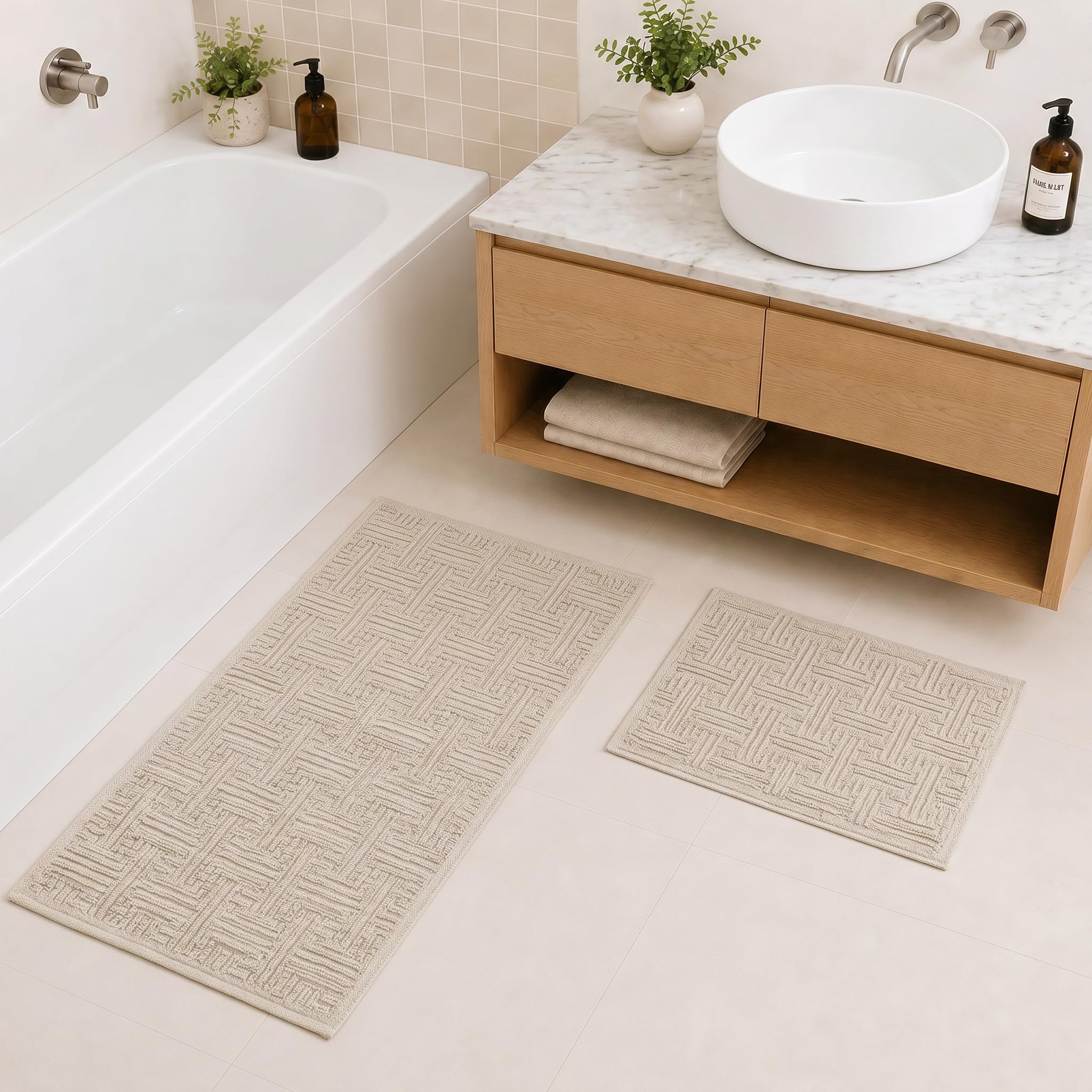 Ruglenza Bathroom Mat Set – 2 Piece Non Slip Cotton Bath Mats for Bathroom & Shower, Textured Loop Bath Rug Set, Quick Dry, Machine Washable, Easy Clean (Cream/Cream-BK07, 50 x 120 CM)