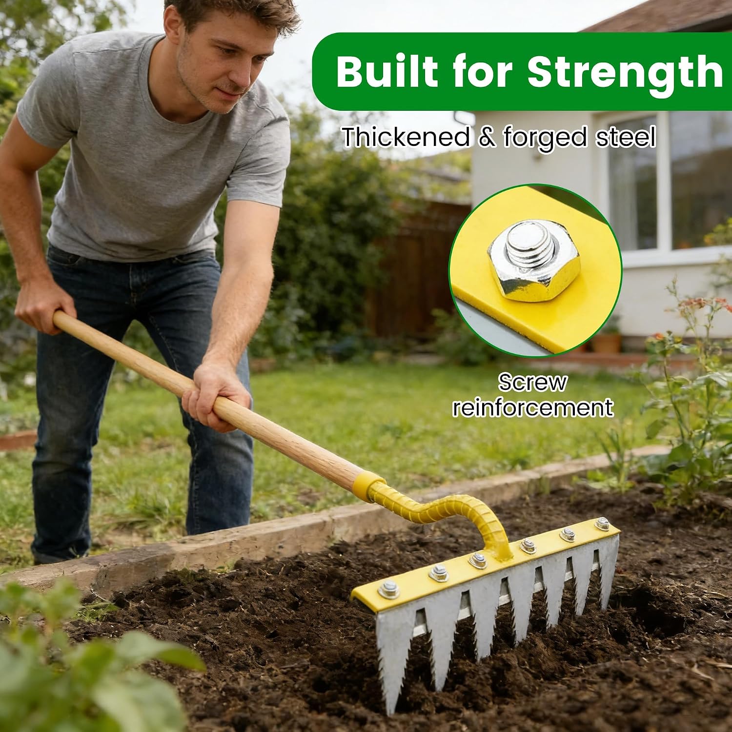 Iron Weeding Rake 2.0, Upgrade 5/6/7 Teeth Carbon Steel Garden Weeder Rakes, Iron Rake for Yard Lawn and Garden, Heavy-Duty Gardens Hand Weeder Puller Tool for Gardening (Yellow 6Teeth)