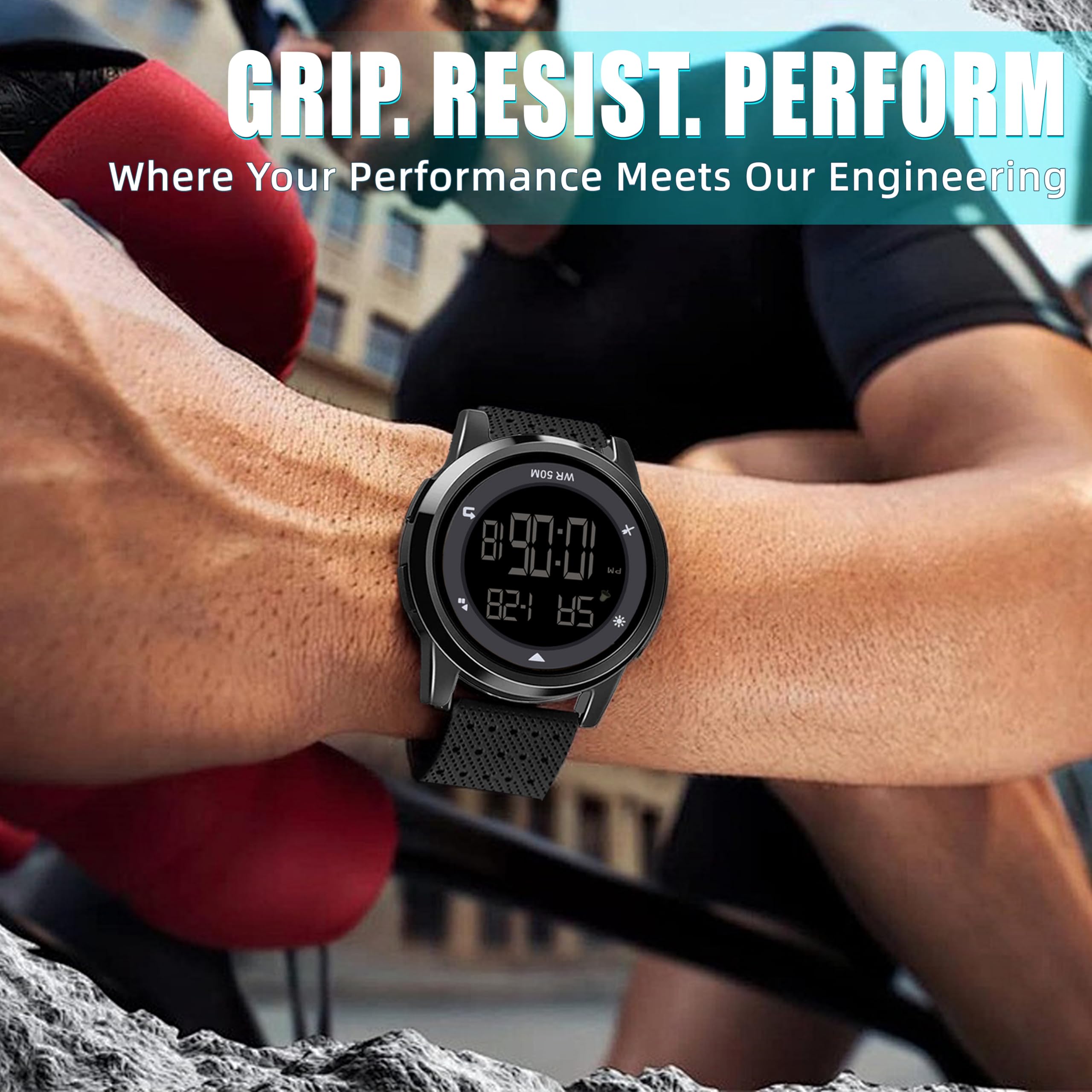 Reloj digital deportivo impermeable cronómetro alarma hora militar ultrafino hombres y mujeres reloj al aire libre, Negro -, Moderno 7