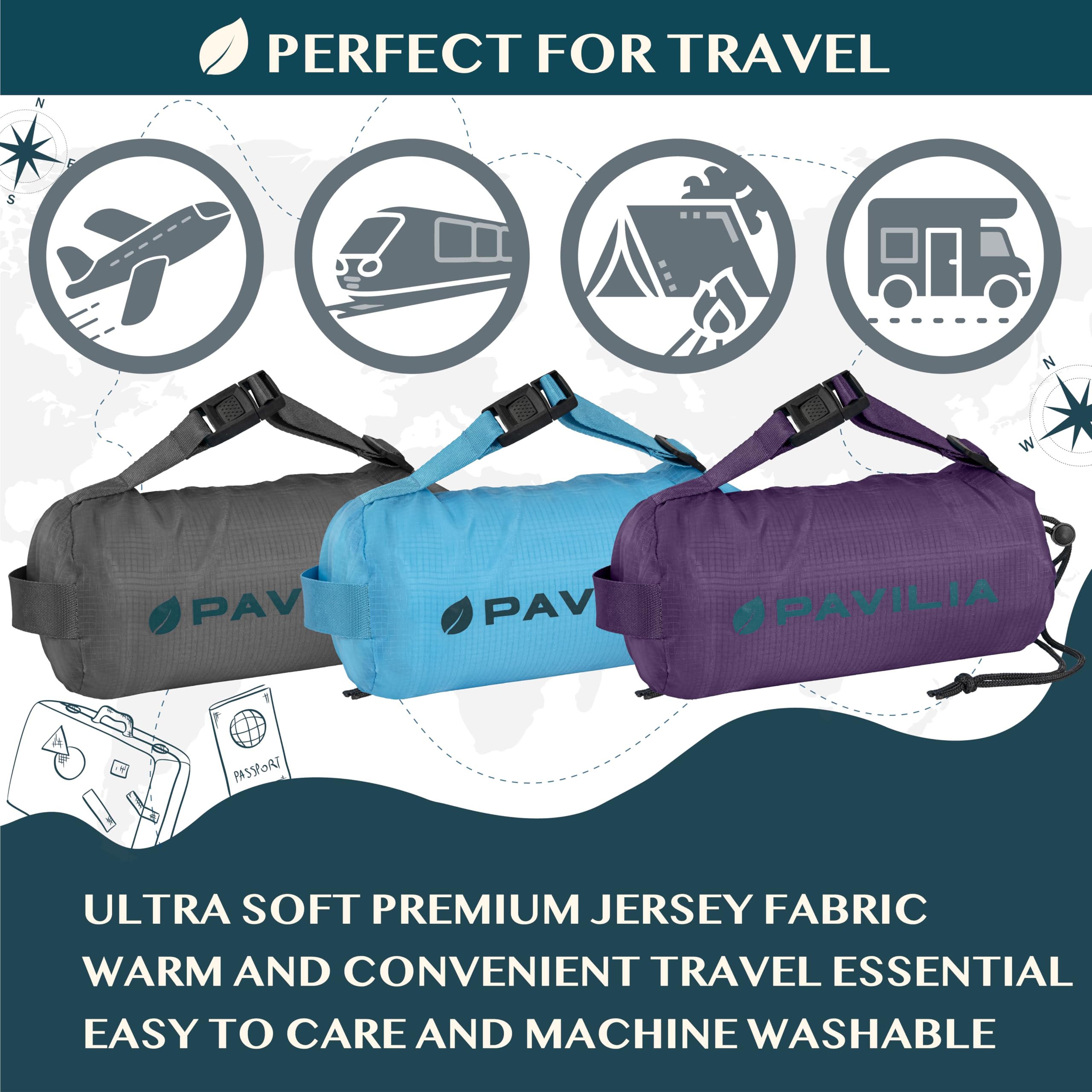 PAVILIA Manta de Viaje compacta con Bolsa, Manta Suave y Plegable para niños y Adultos, artículos Esenciales de Vuelo de Campamento, Accesorios de Regalo para viajeros, Correa de Mochila de Equipaje,