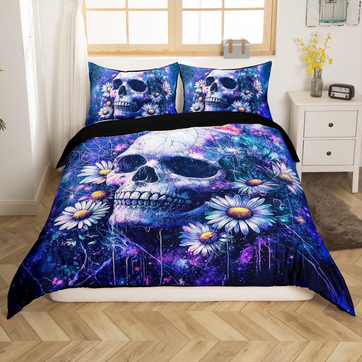 Gotycka kołdra z czaszką, rozmiar L, białe kwiaty stokrotki, niebieskie, graffiti, odwracalny koc z 2 poszewkami na poduszki, nadruk na Halloween, z mikrofibry, zestaw (bez koca)