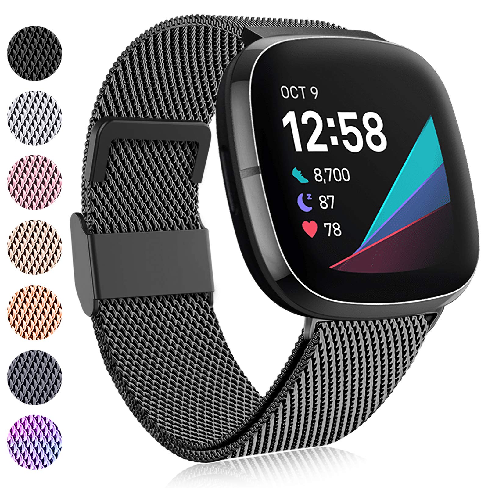 FaliogoCompatible with Fitbit Versa 3 Strap/Fitbit Versa 4 Strap/Fitbit Sense Strap, Adjustable Stainless Steel Metal Replacement Strap with Magnet Lock for Versa 4/3 Sense 2/1, Small Black