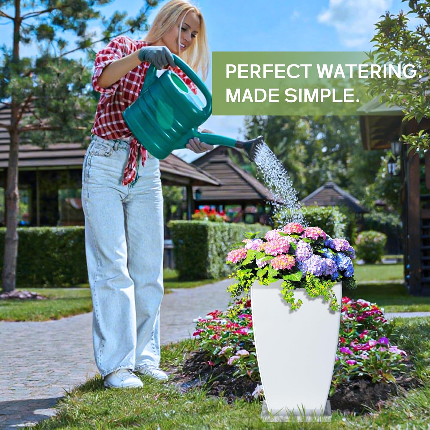 21" Tall Outdoor Planters Set of 2,Front Porch Planter Pots with Drainage Design Holes for Patio, Porch, Garden, Indoor,White