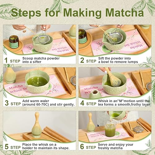 Miniatura 5 de Juego de 6 batidores de matcha que incluye batidor de matcha de resina, juego de cuencos y tamiz de cerámica, soporte para batidores, cuchara