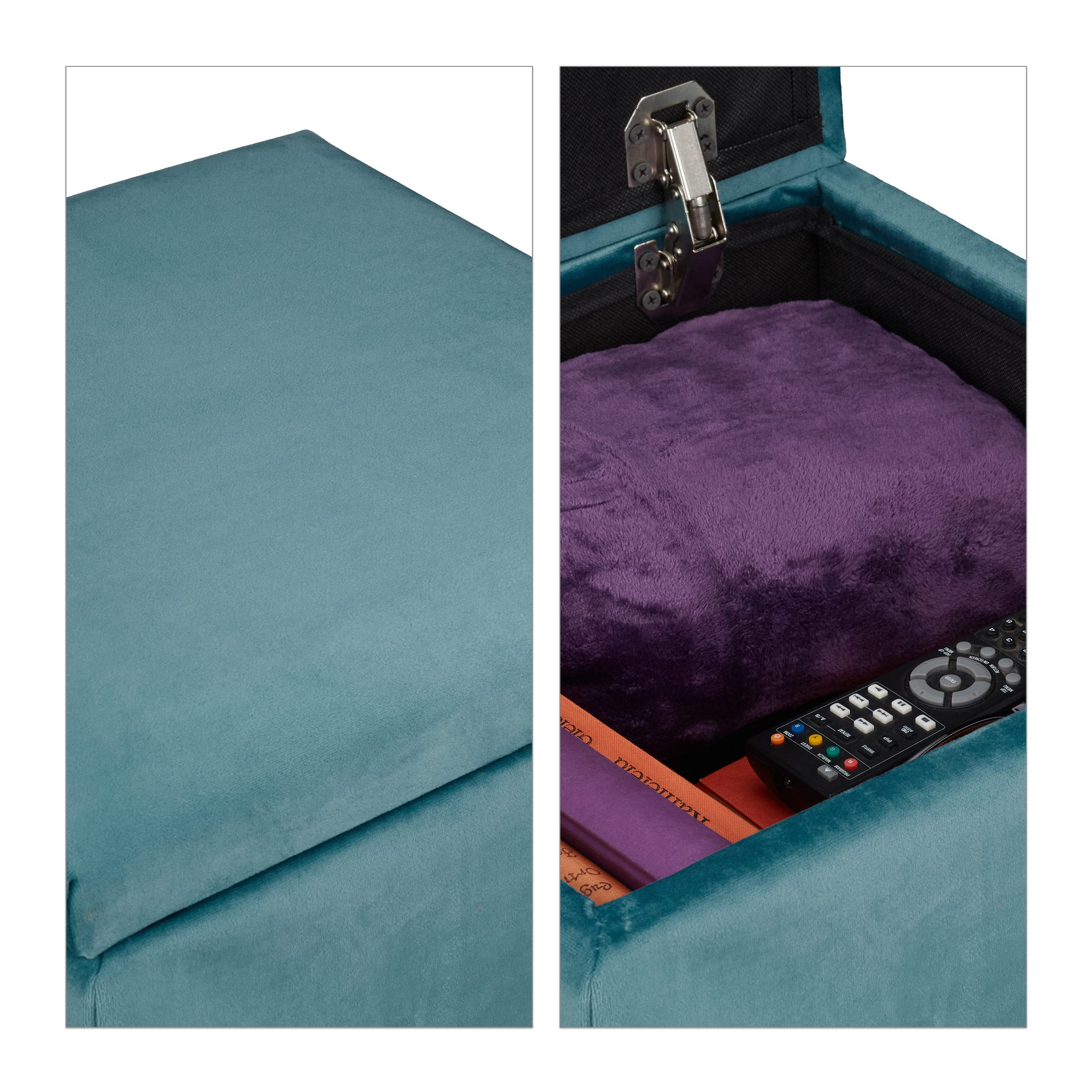 Relaxdays Tabouret de Rangement, matelassé, carré, Pieds en Bois, Salon, H x L x P : 40 x 40 x 40 cm, Turquoise