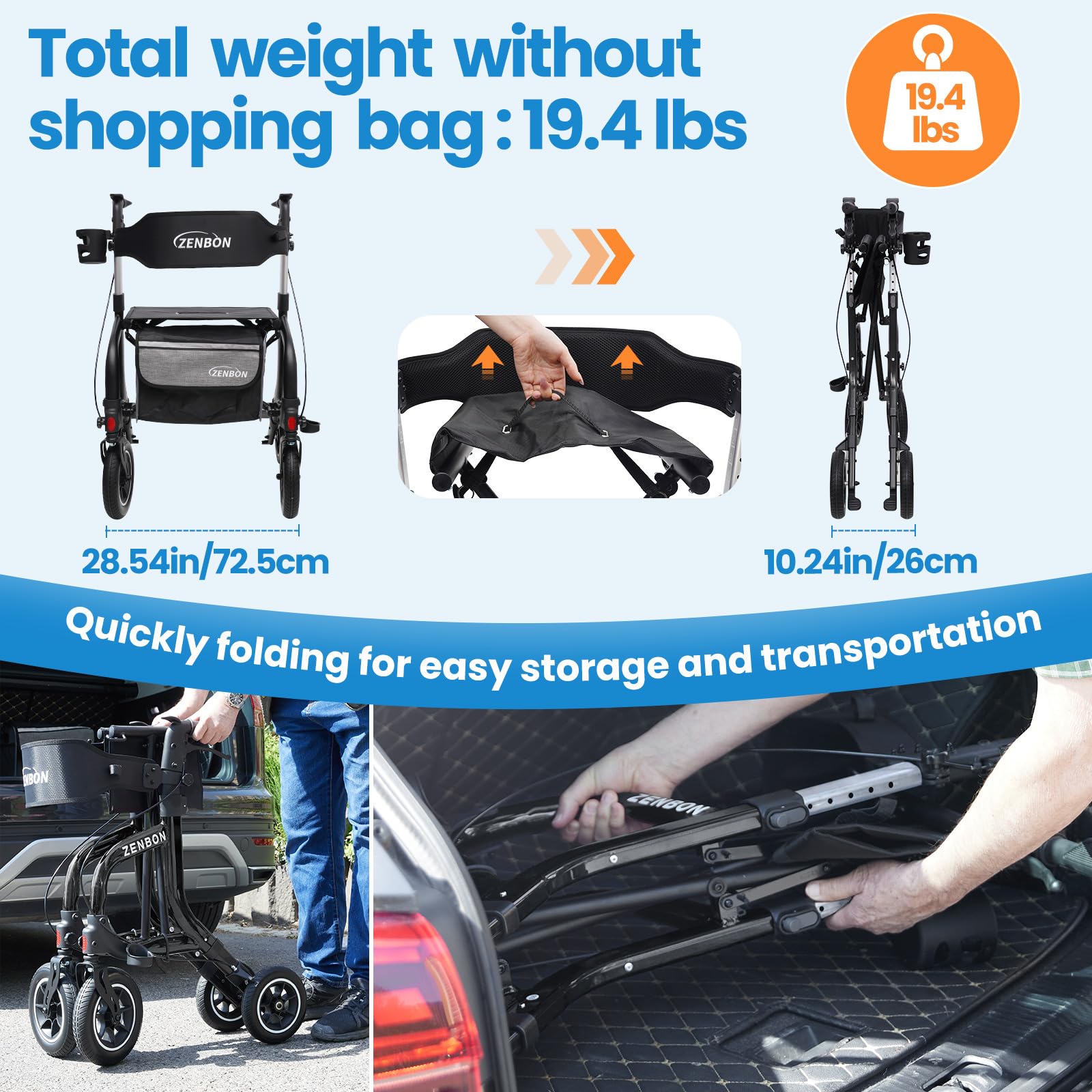 Andador Plegable de Aluminio con Asiento: Andador para Ancianos Adultos Ligero y Plegable de Viaje Altura Ajustable con Soporte para Bastón y Bolsa de Compra Extraíble (Negro)