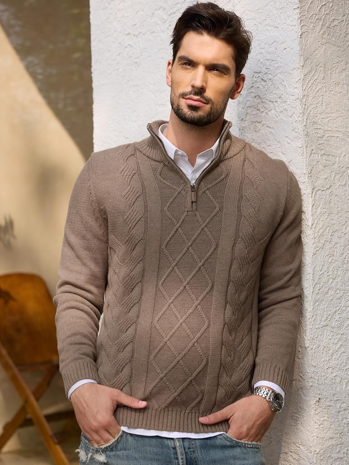 Les umes Mens Quarter Zip Sweater Cotton Mock Neck Pullover Sweaters Warm Long Sleeve Cable Knitted Jumper - Image 2