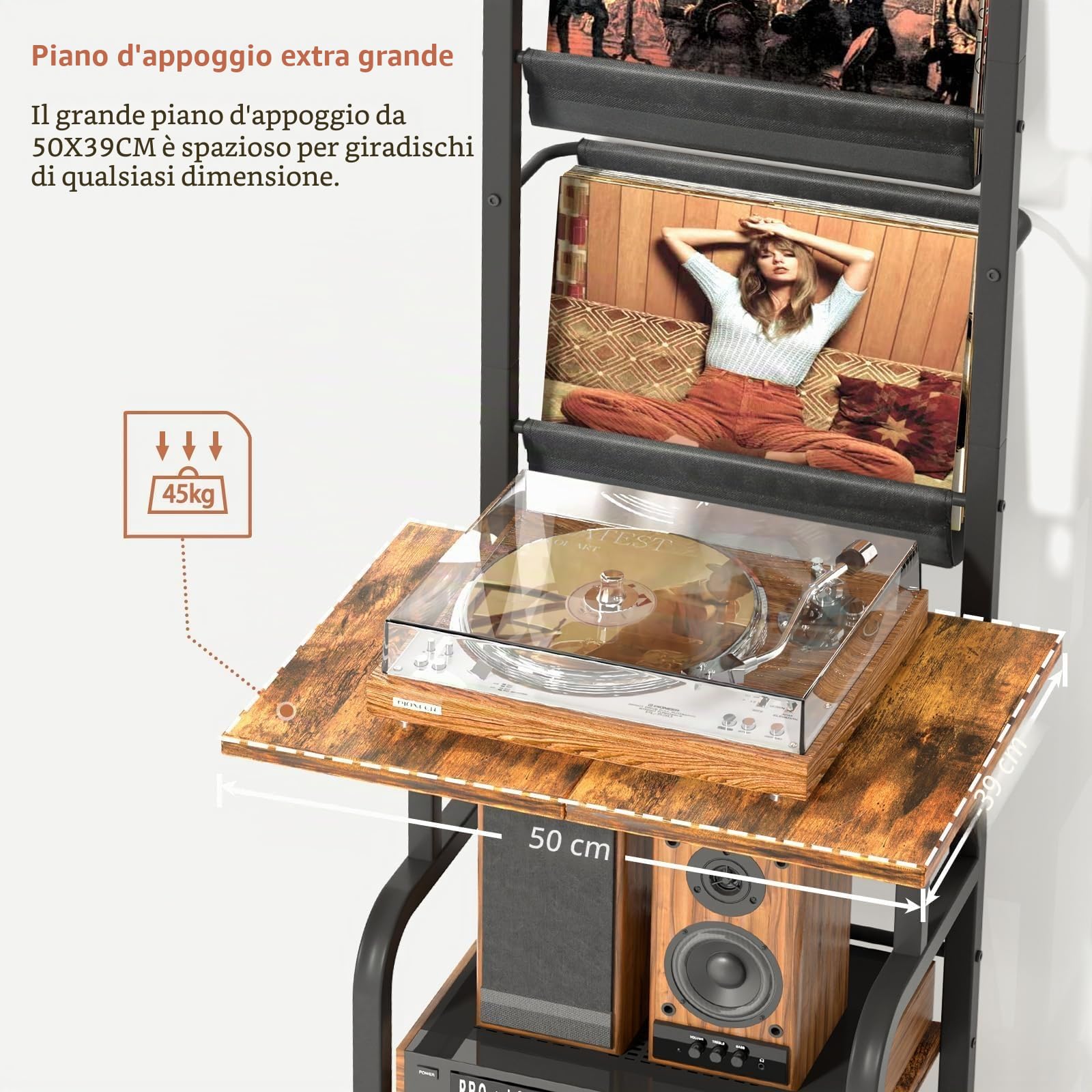 Bikoney Mobile Giradischi Alto con Supporto per Vinili – Tavolino per Giradischi con Ripiano Espositivo e Fissaggio a Muro, Porta Vinili per Fino a 200 Dischi per Soggiorno o Camera da Letto