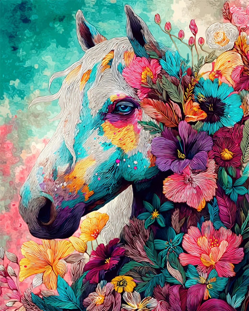 RKFLGEW DIY Embroidery Set Horses and Flowers 40x50cm
