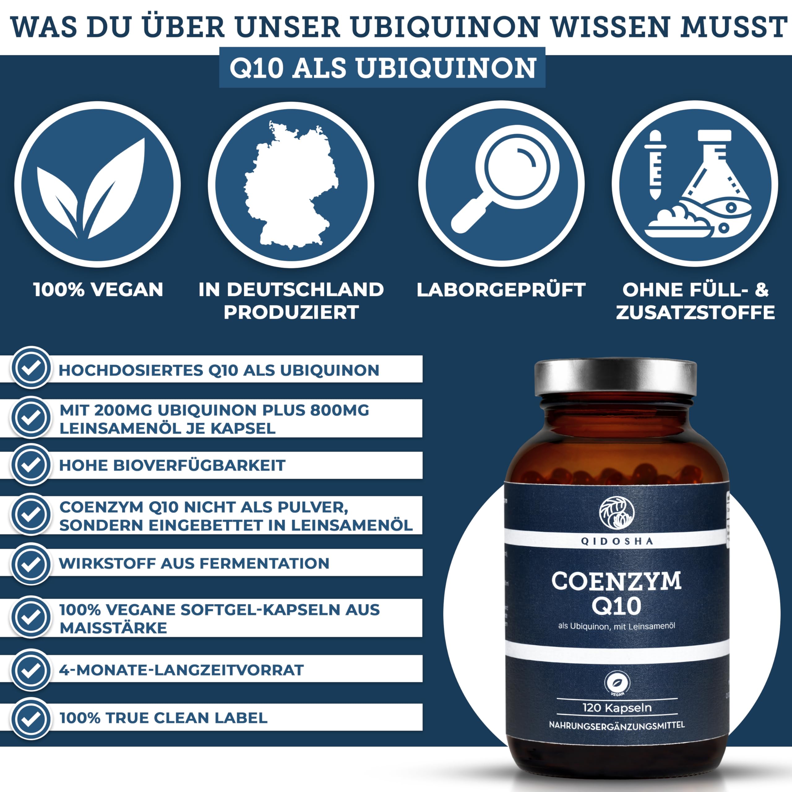 QIDOSHA® Coenzym Q10 Kapseln hochdosiert, 200mg Coenzym Q10 flüssig je Kapsel, 120 vegane Softgel-Kapseln im Glas, Ubiquinon eingebettet in Leinsamenöl für optimale Bioverfügbarkeit, Q10 als Ubichinon